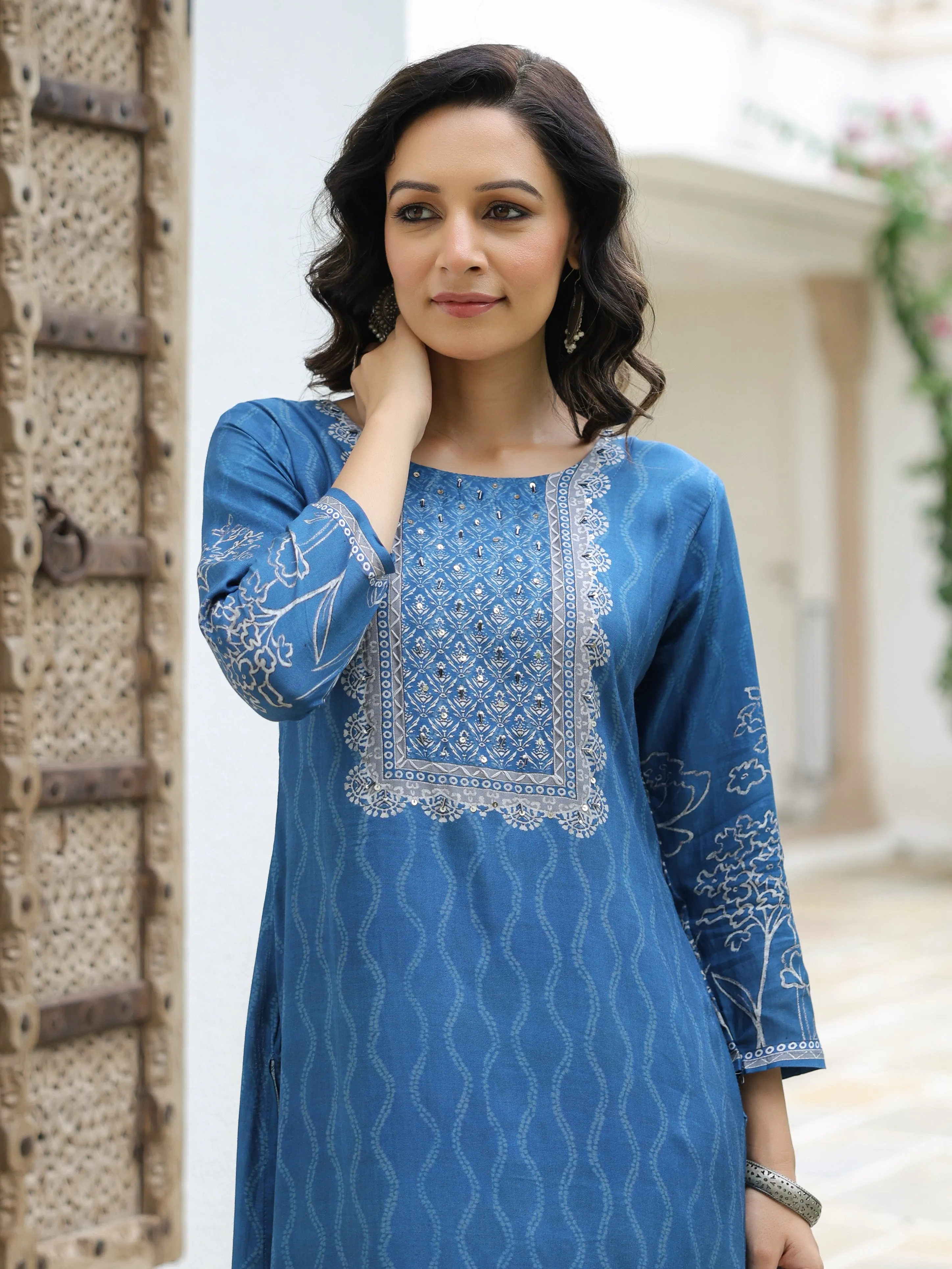 Abstract & Floral Printed Sequins & Cutdana Embellished Kurta - Blue