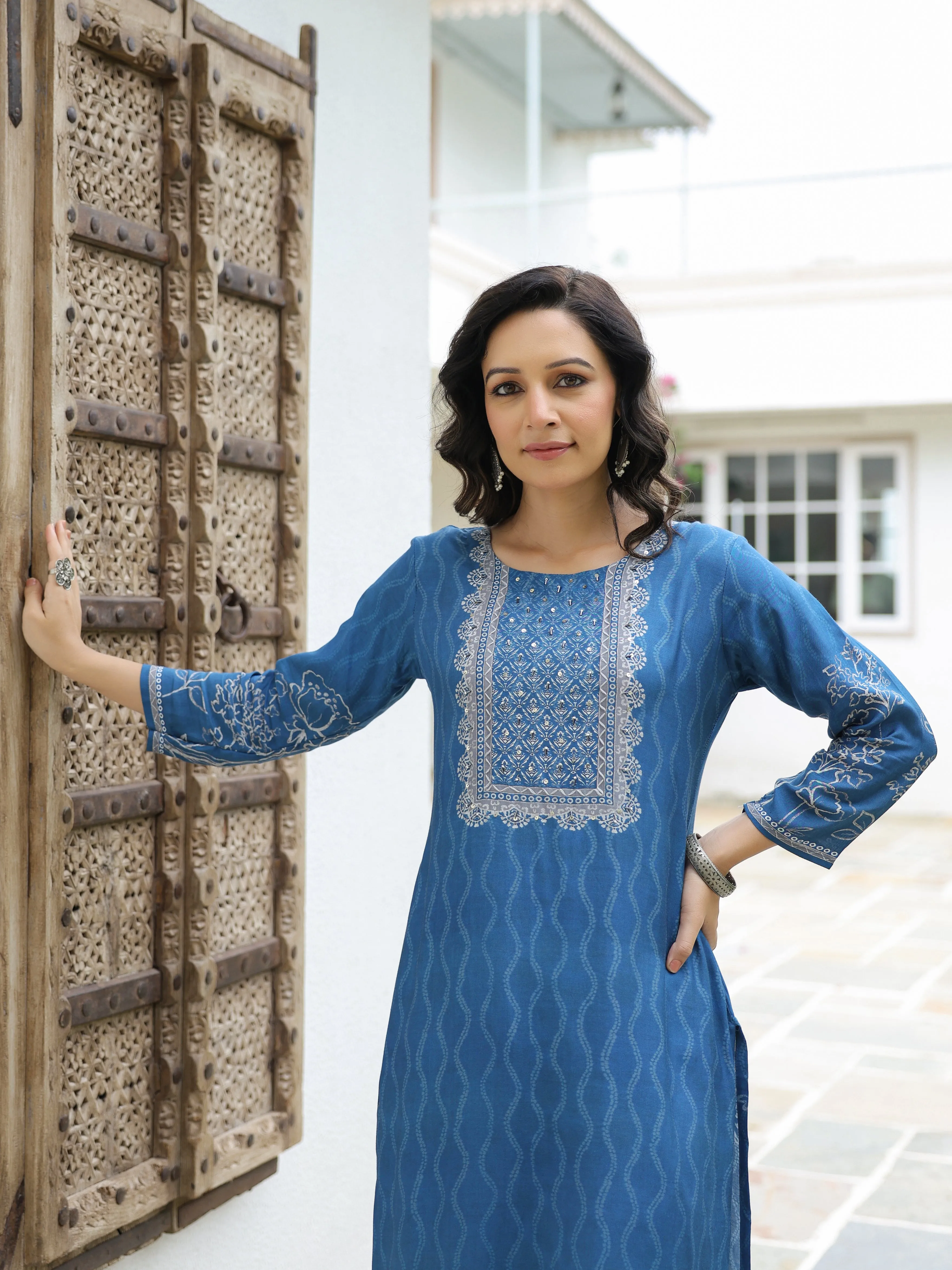 Abstract & Floral Printed Sequins & Cutdana Embellished Kurta - Blue