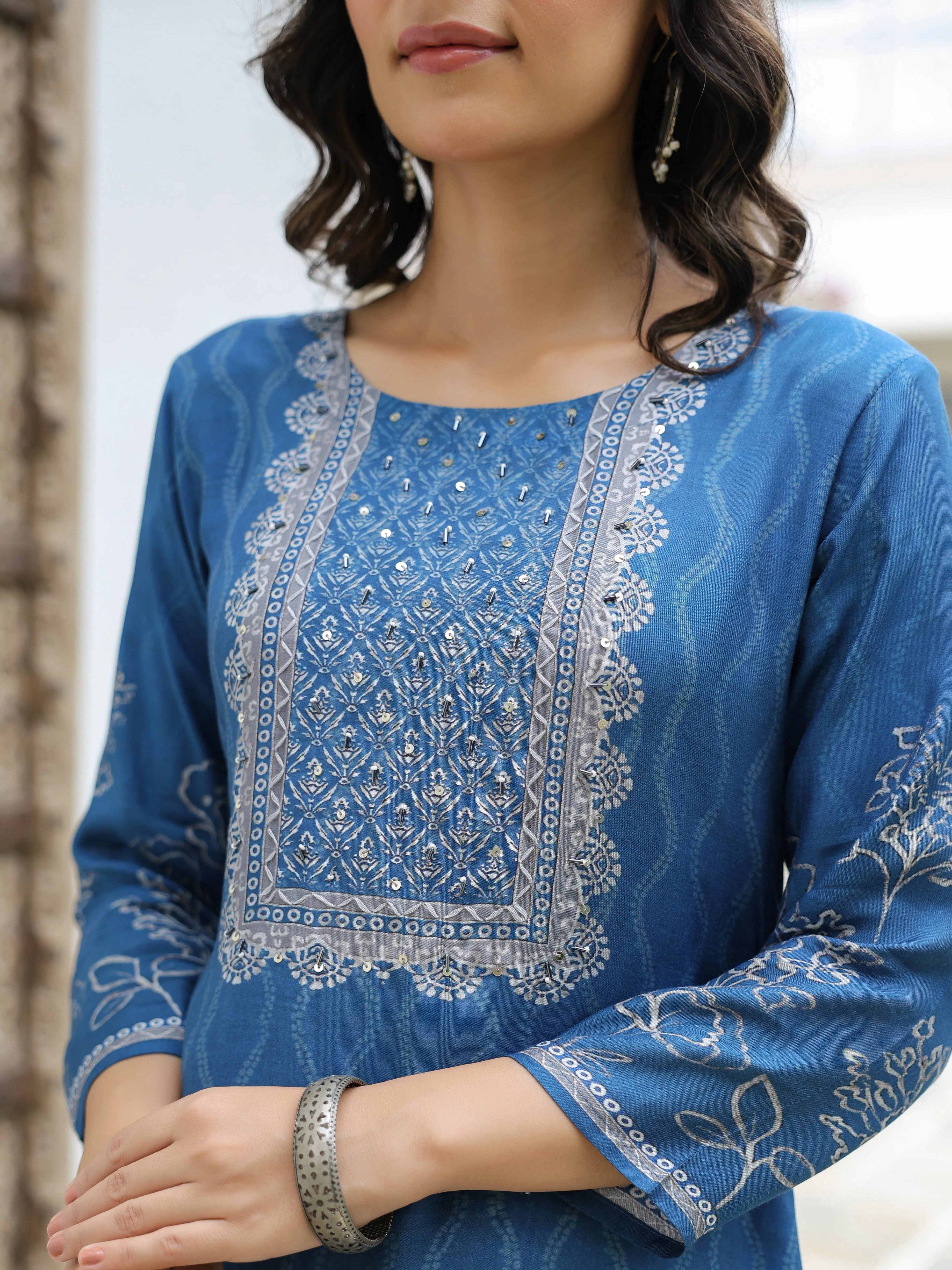 Abstract & Floral Printed Sequins & Cutdana Embellished Kurta - Blue