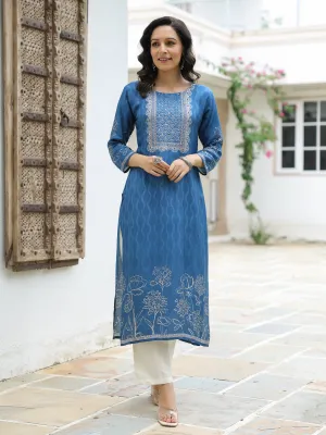 Abstract & Floral Printed Sequins & Cutdana Embellished Kurta - Blue