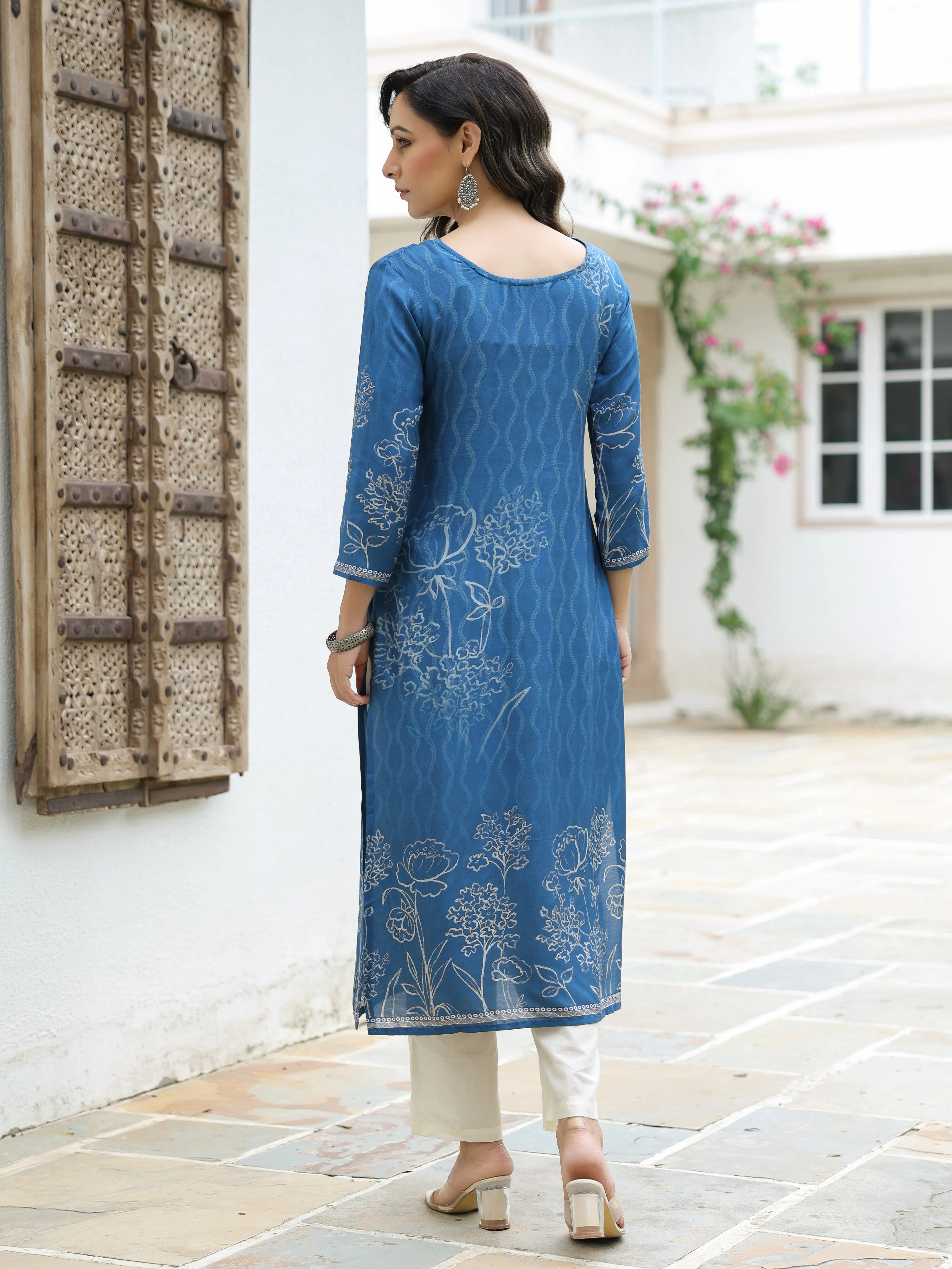 Abstract & Floral Printed Sequins & Cutdana Embellished Kurta - Blue