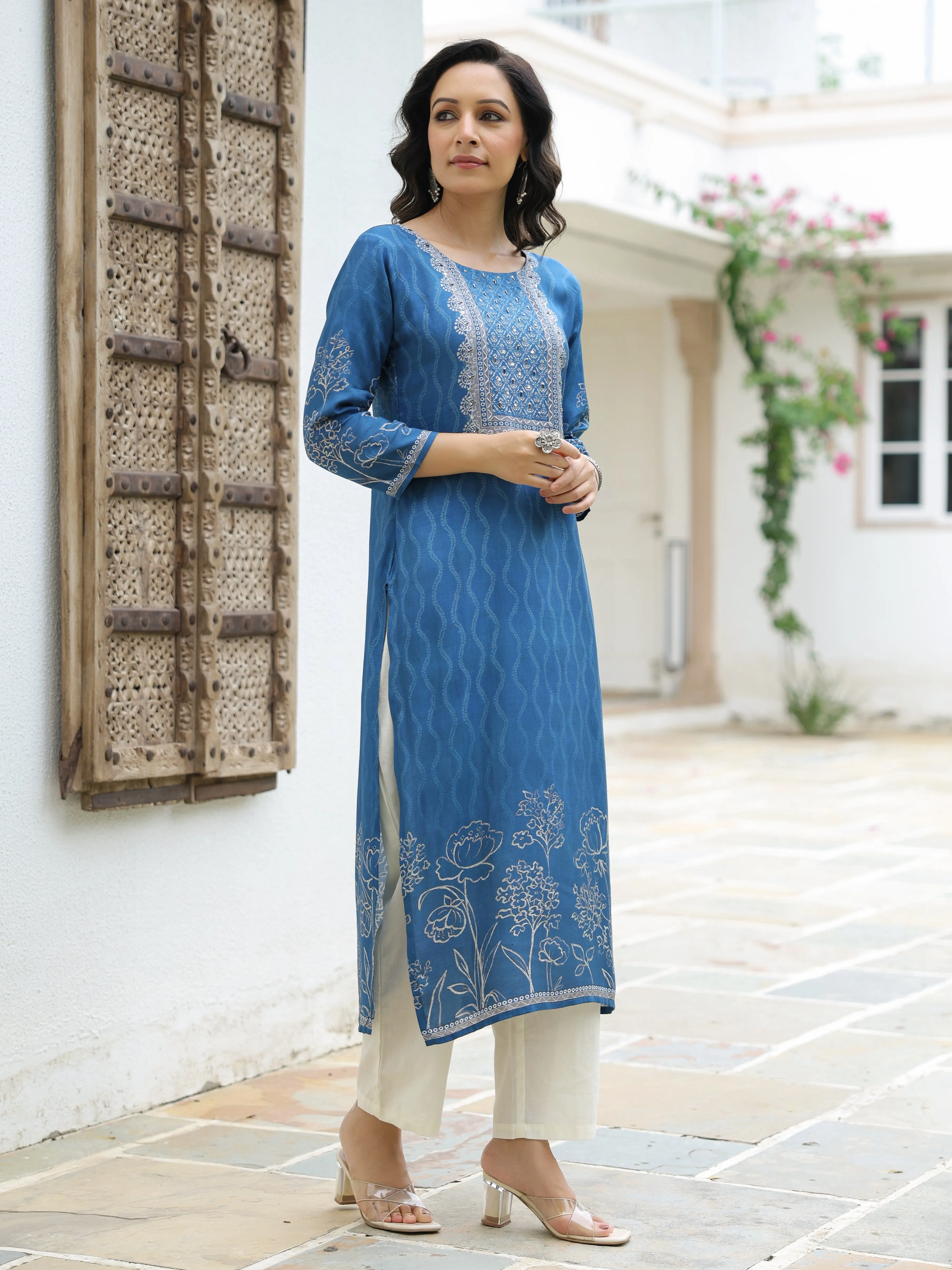 Abstract & Floral Printed Sequins & Cutdana Embellished Kurta - Blue