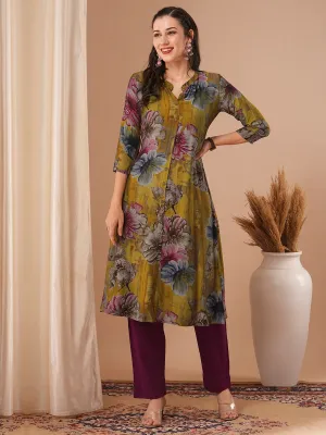 Abstract Floral Printed A-Line Kurta - Mustard