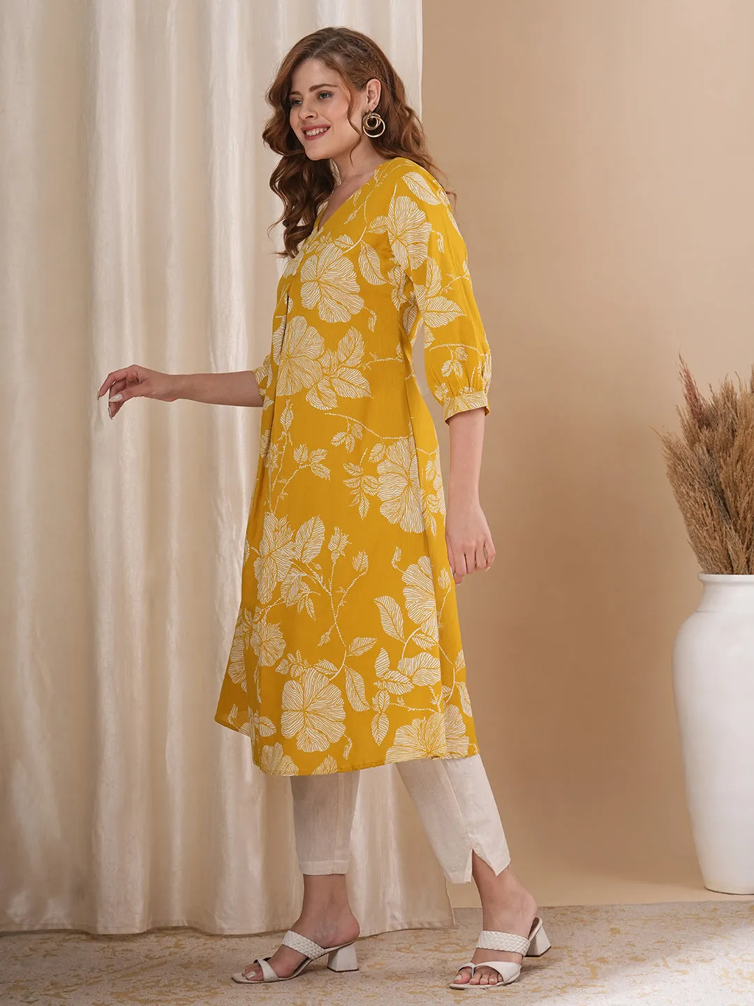 Abstract Floral Printed A-Line Kurta with Pant - Mustard