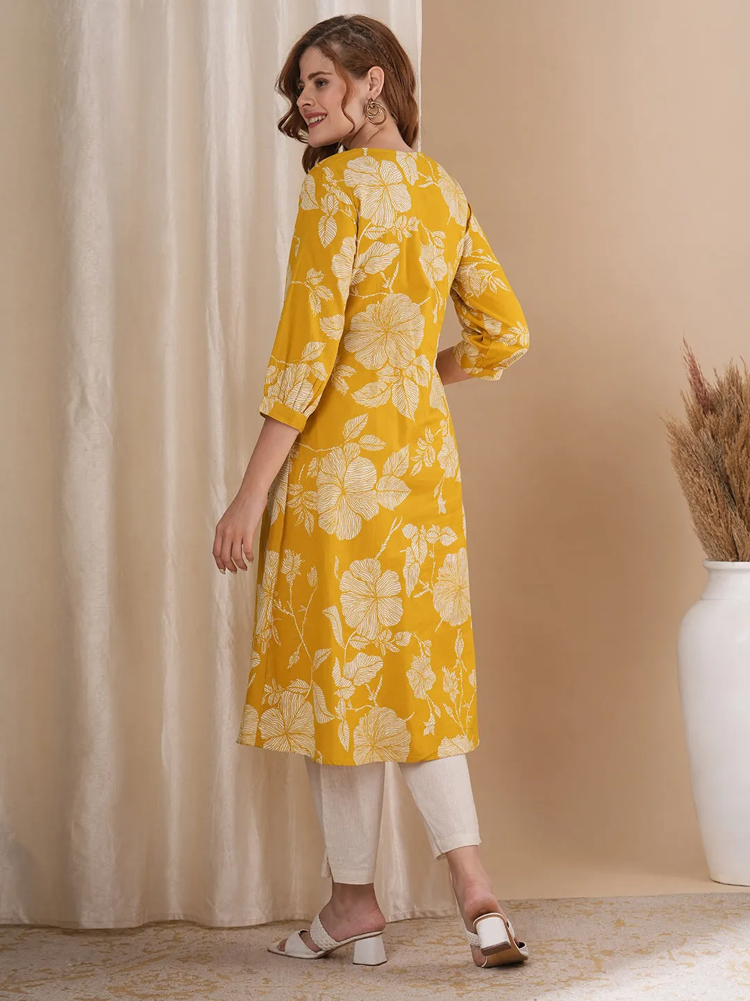 Abstract Floral Printed A-Line Kurta with Pant - Mustard