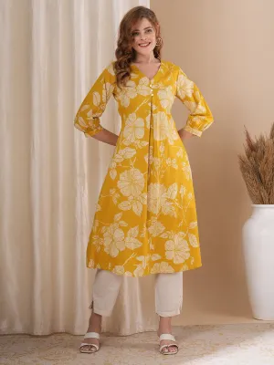 Abstract Floral Printed A-Line Kurta with Pant - Mustard