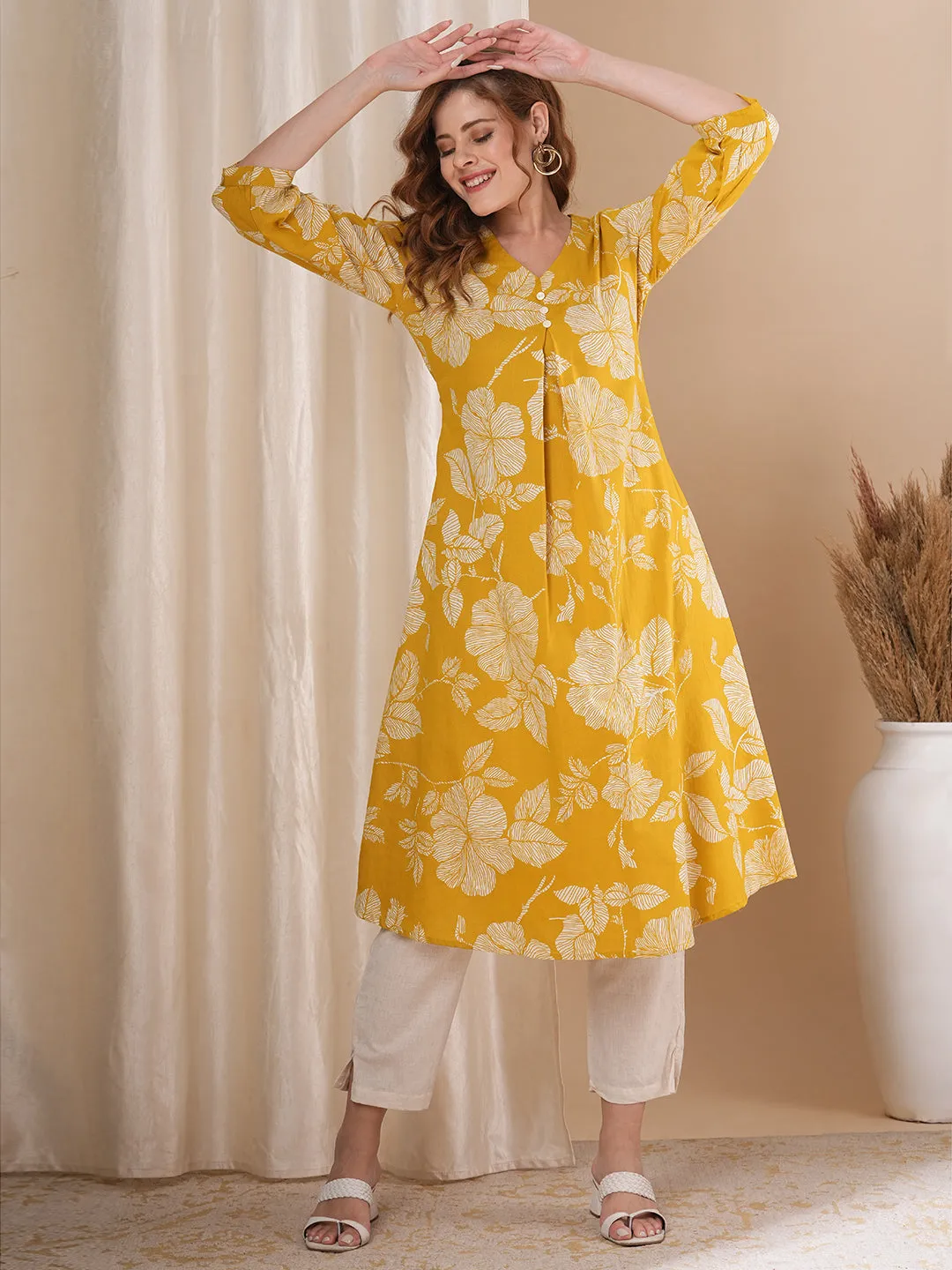 Abstract Floral Printed A-Line Kurta with Pant - Mustard