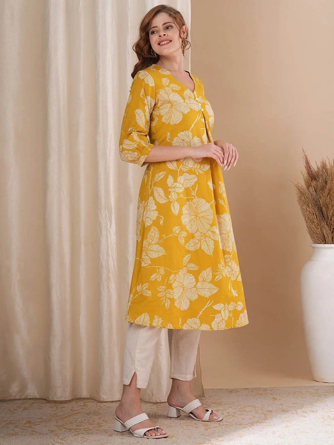 Abstract Floral Printed A-Line Kurta with Pant - Mustard