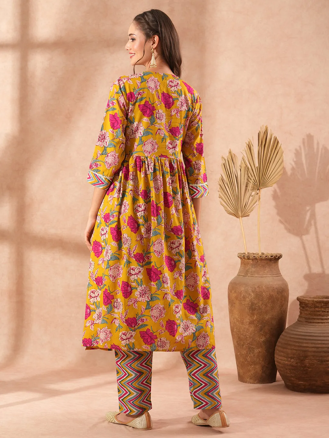 Abstract Floral Printed A-Line Pleated Kurta with Chevron Pant - Yellow