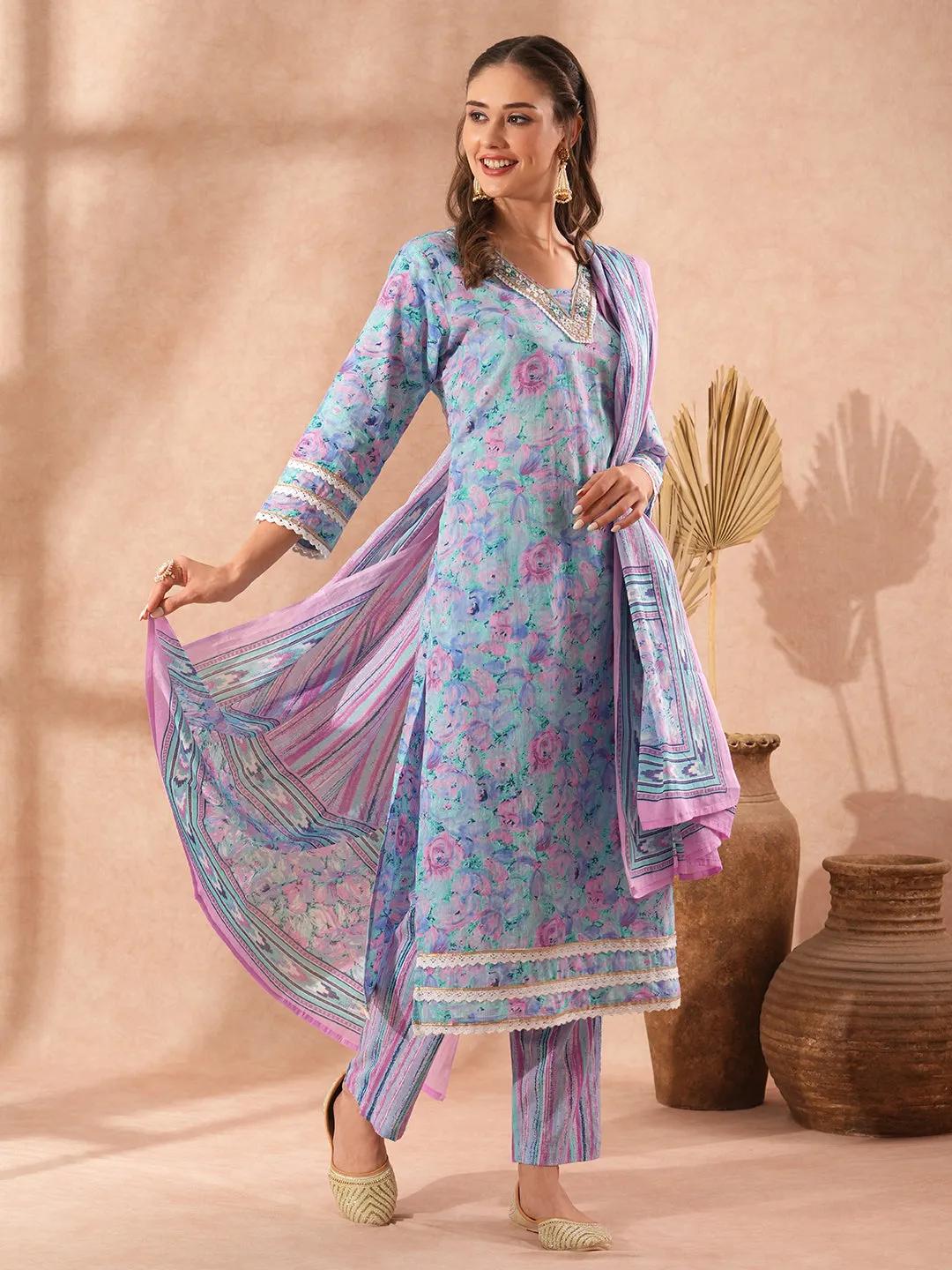 Abstract Floral Printed & Embroidered Straight Fit Kurta with Pant and Dupatta - Lavender