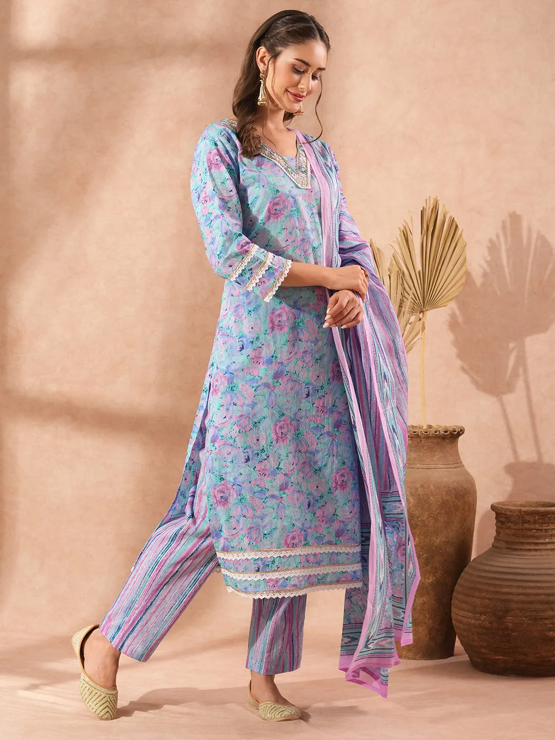 Abstract Floral Printed & Embroidered Straight Fit Kurta with Pant and Dupatta - Lavender