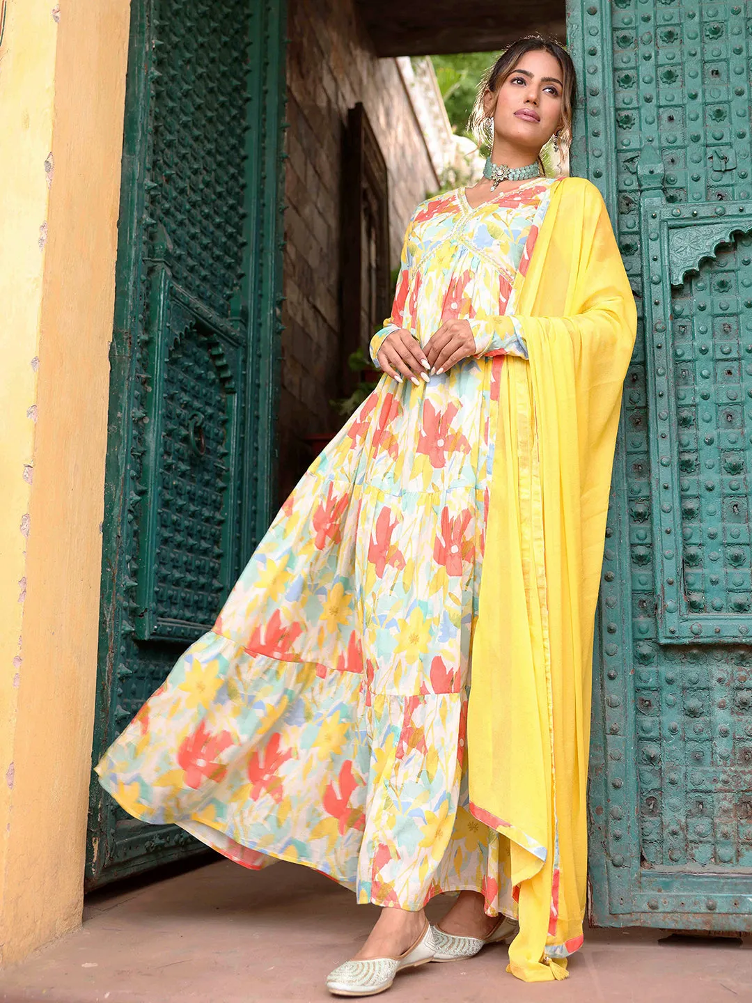 Abstract-Floral Printed Resham, Sequins & Beads Embroidered Tiered Mulmul Cotton Dress - Multi