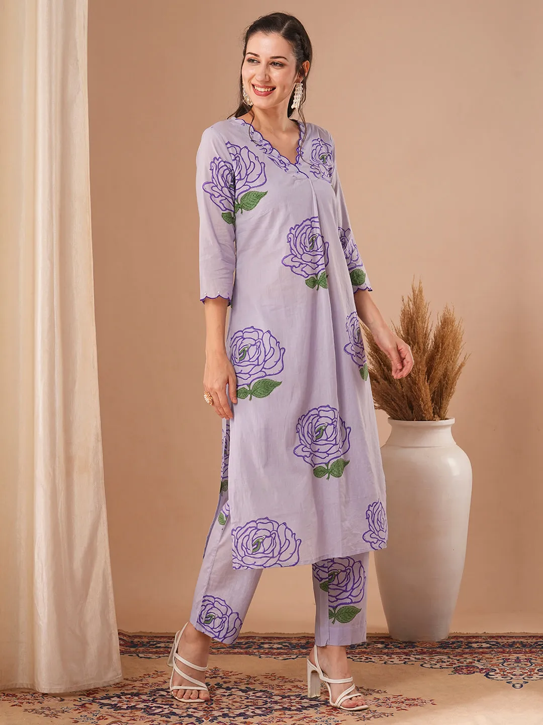 Abstract Floral Printed Straight Fit Co-ord Set - Lavender