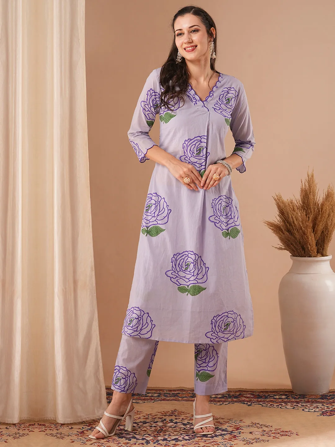 Abstract Floral Printed Straight Fit Co-ord Set - Lavender