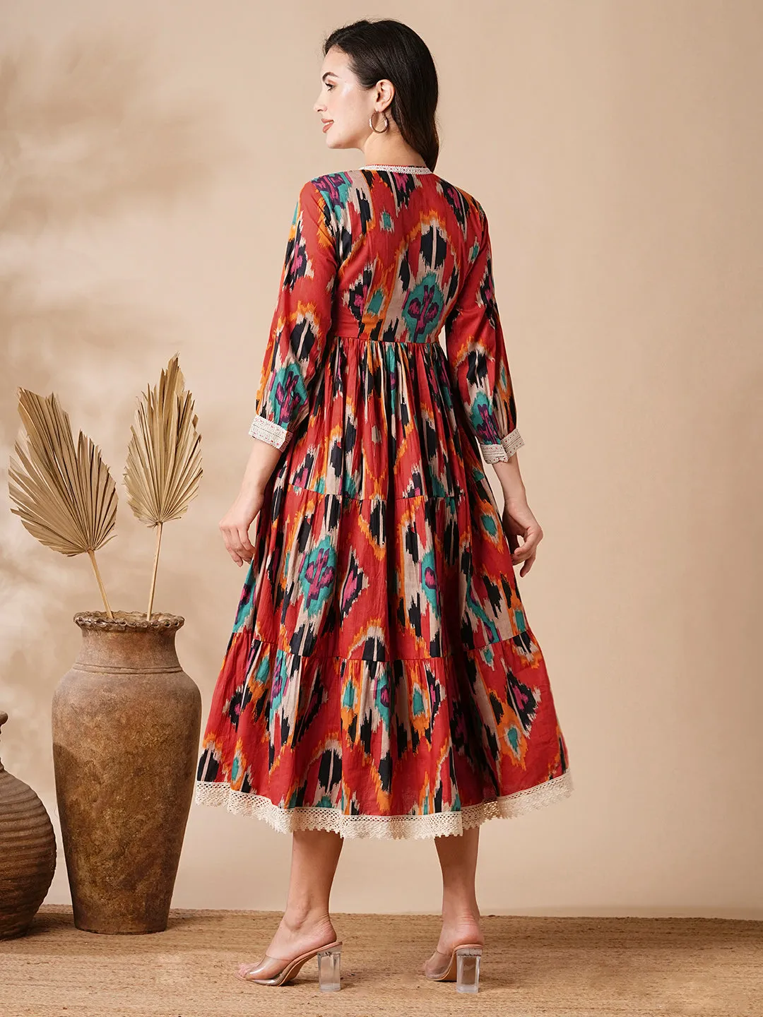 Abstract Ikat Style Printed Resham & Crochet Lace Embellished Dress - Red & Multi