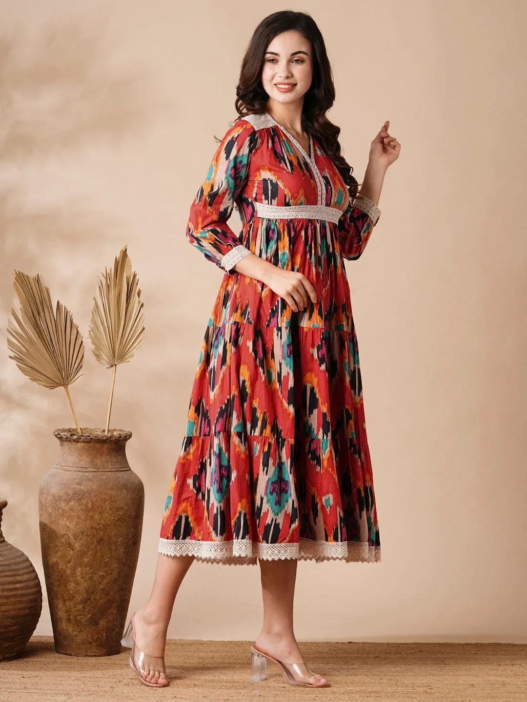 Abstract Ikat Style Printed Resham & Crochet Lace Embellished Dress - Red & Multi