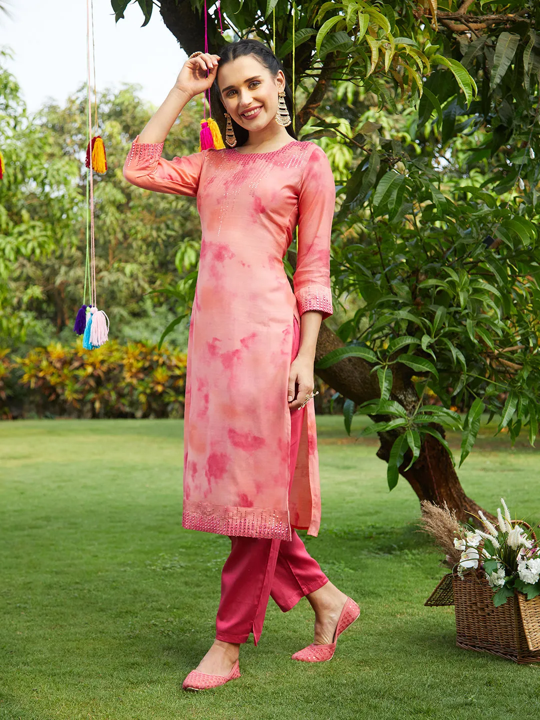 Abstract Printed & Embroidered Straight Kurta with Pants & Dupatta - Peach