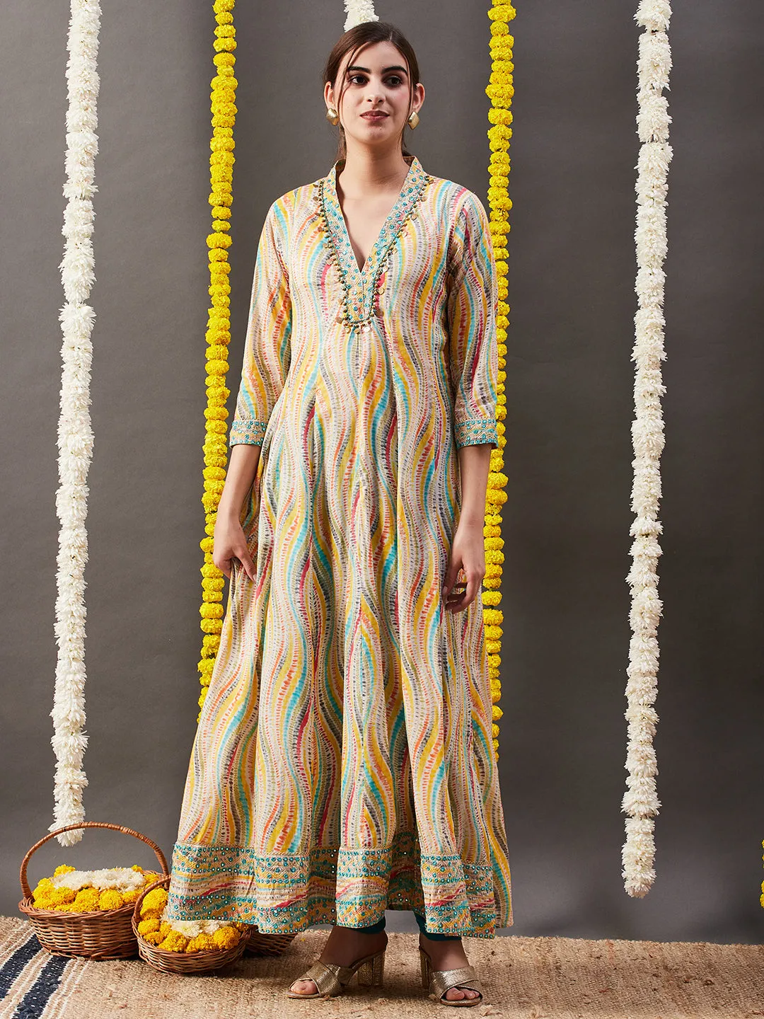 Abstract Printed Mirror, Zari & Coin Tikki Embroidered Mul-Cotton Maxi Dress - Multi & Yellow