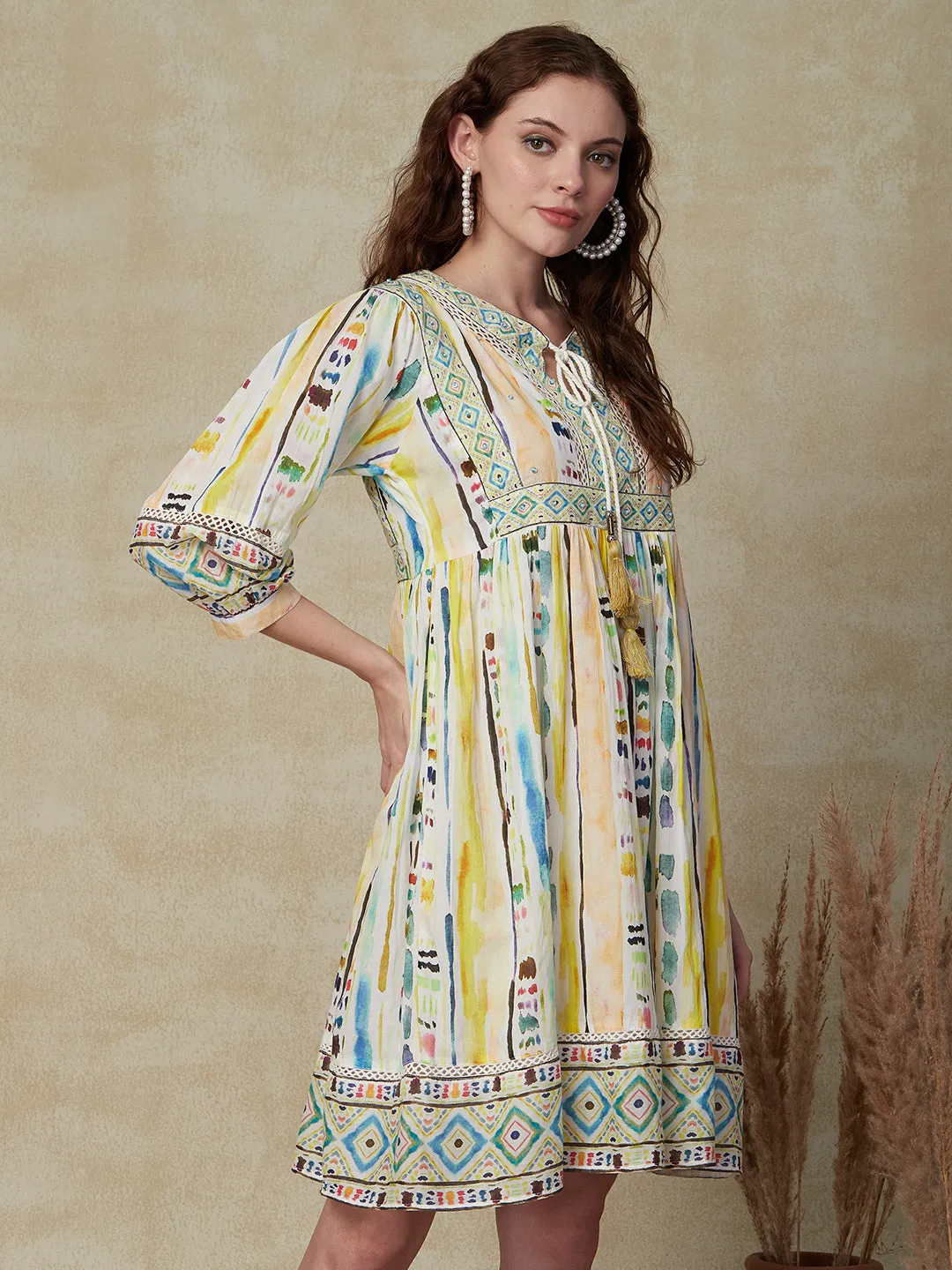 Abstract Printed Sequins & Beads Embroidered Tasseled Mul-Cotton Indo-Western Dress - Multi