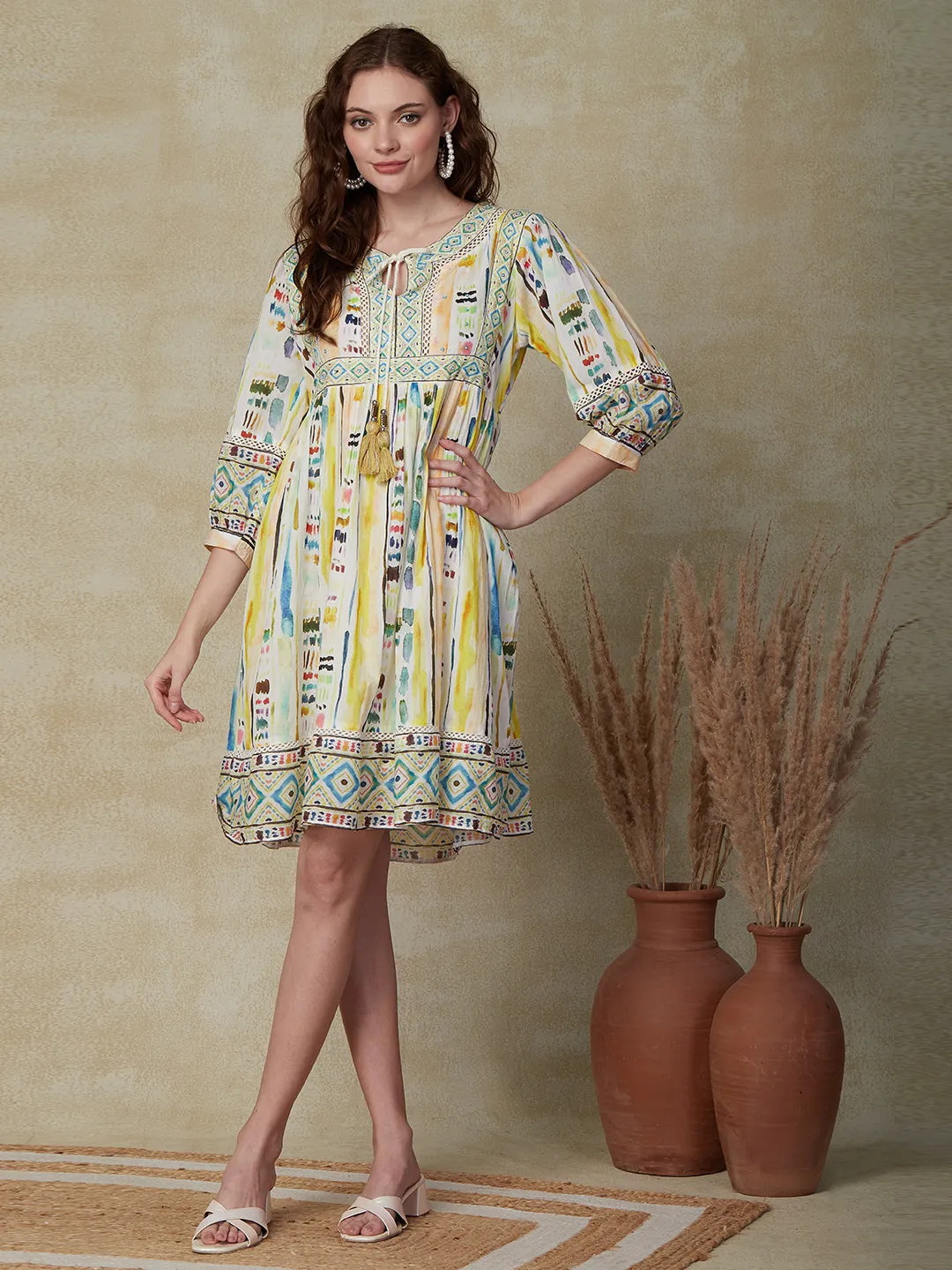 Abstract Printed Sequins & Beads Embroidered Tasseled Mul-Cotton Indo-Western Dress - Multi