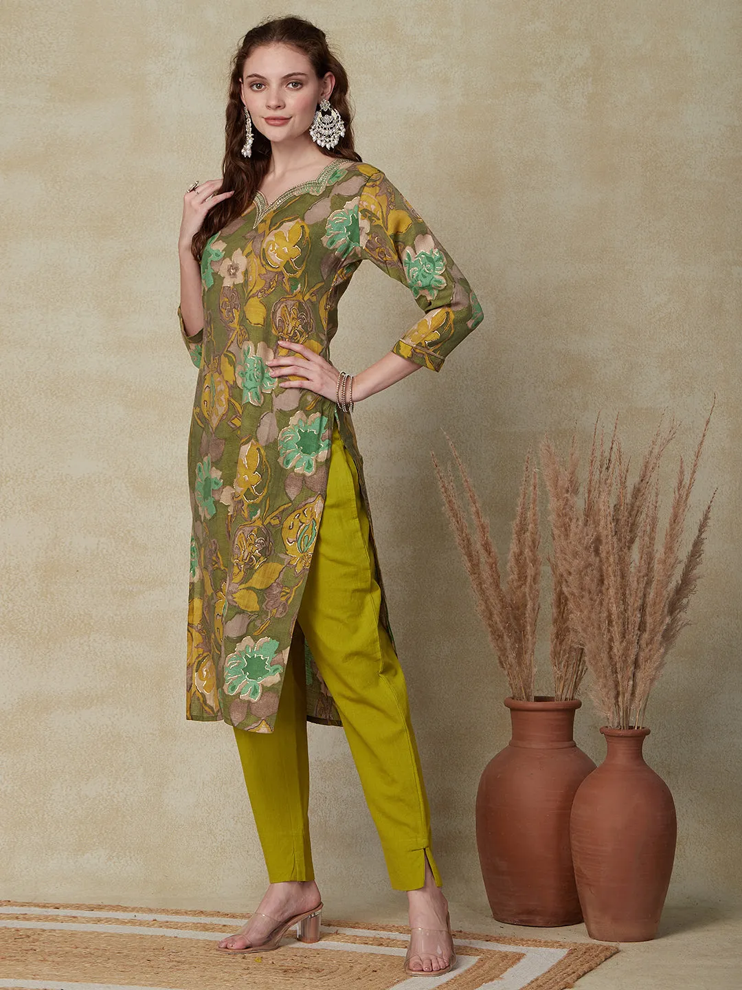 Abstract Printed Zari Dori & Sequins Embroidered Kurta - Green