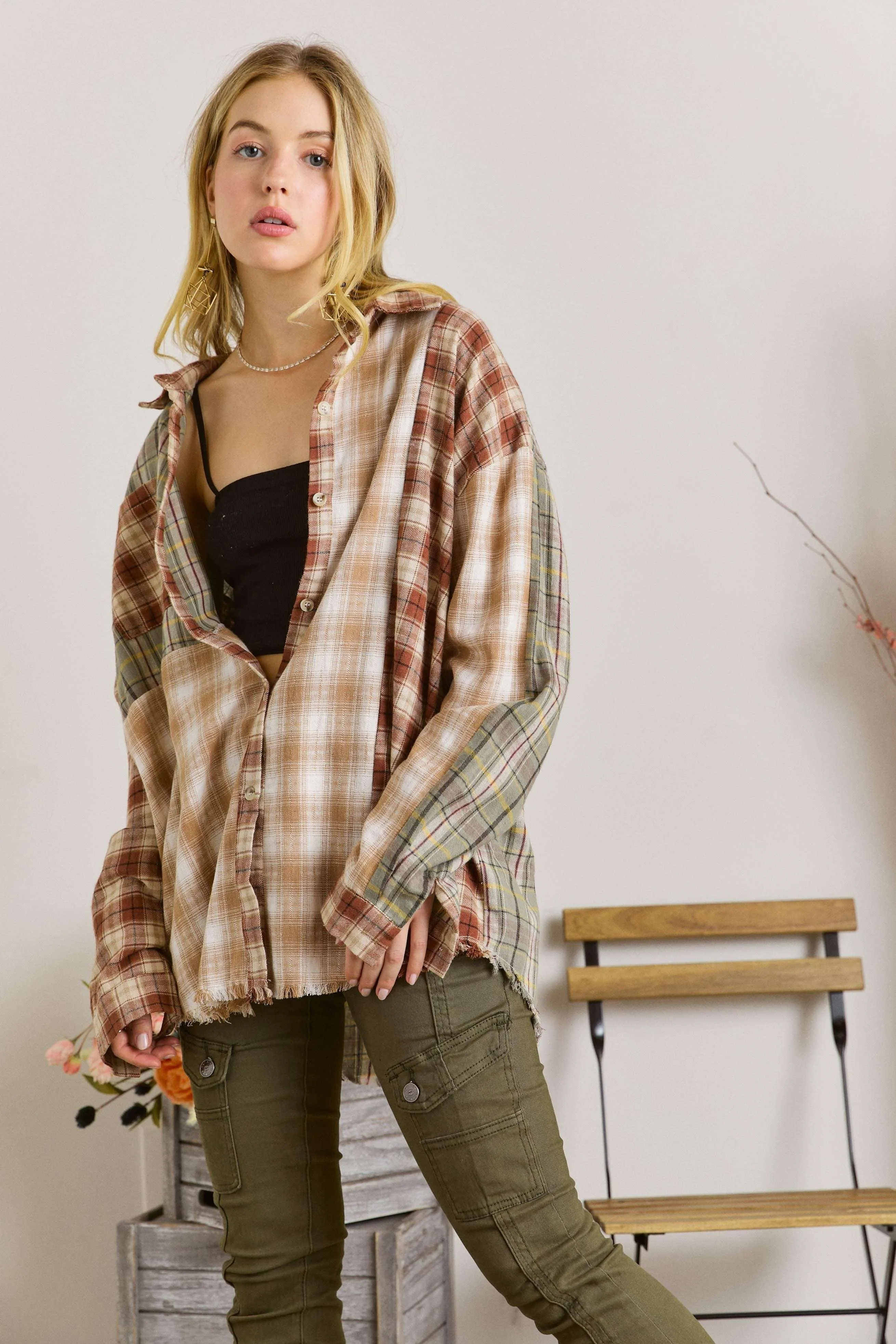 Adora Reg/Plus Frayed Edge Bohemian Plaid Flannel Shirt