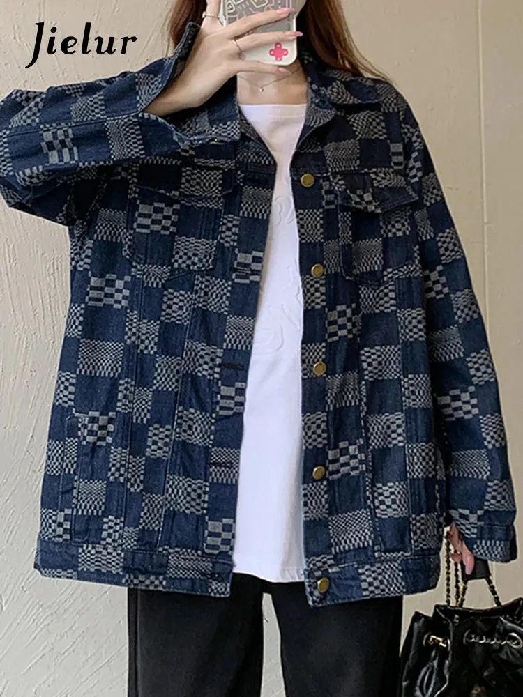 Autumn Chessboard Checker Denim Coat Women Korean Fashion Loose Retro Blue Black Plaid Denim Jackets Women Top