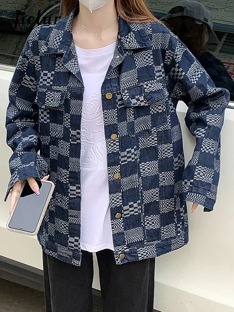 Autumn Chessboard Checker Denim Coat Women Korean Fashion Loose Retro Blue Black Plaid Denim Jackets Women Top