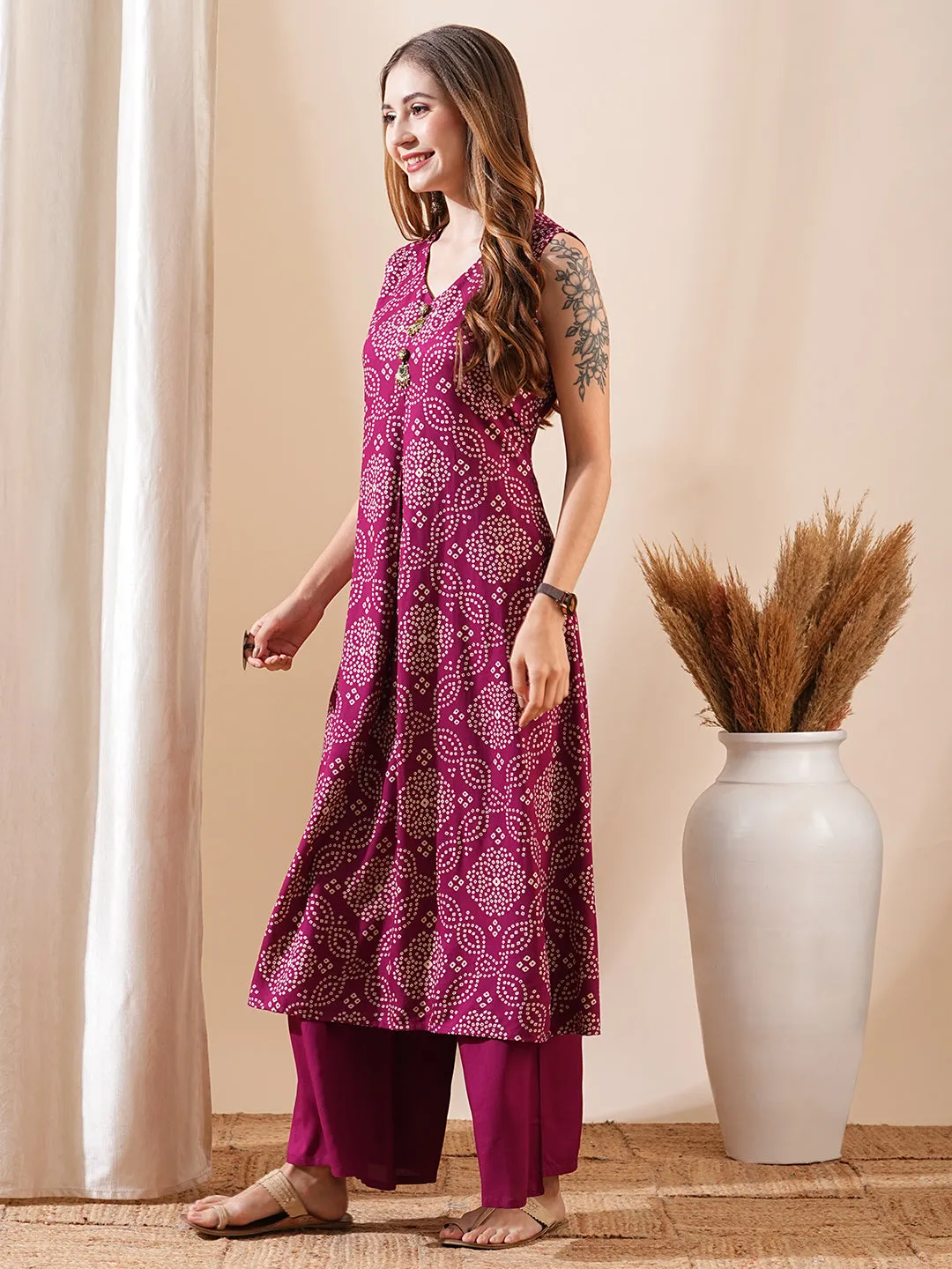 Bandhani Printed A-Line Flared Kurta with Palazzo - Burgundy