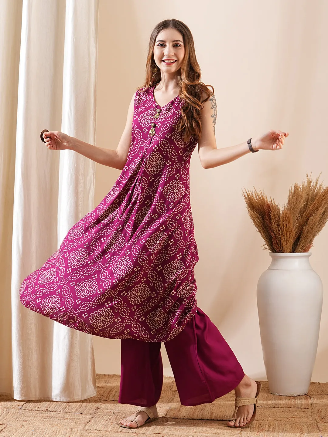 Bandhani Printed A-Line Flared Kurta with Palazzo - Burgundy