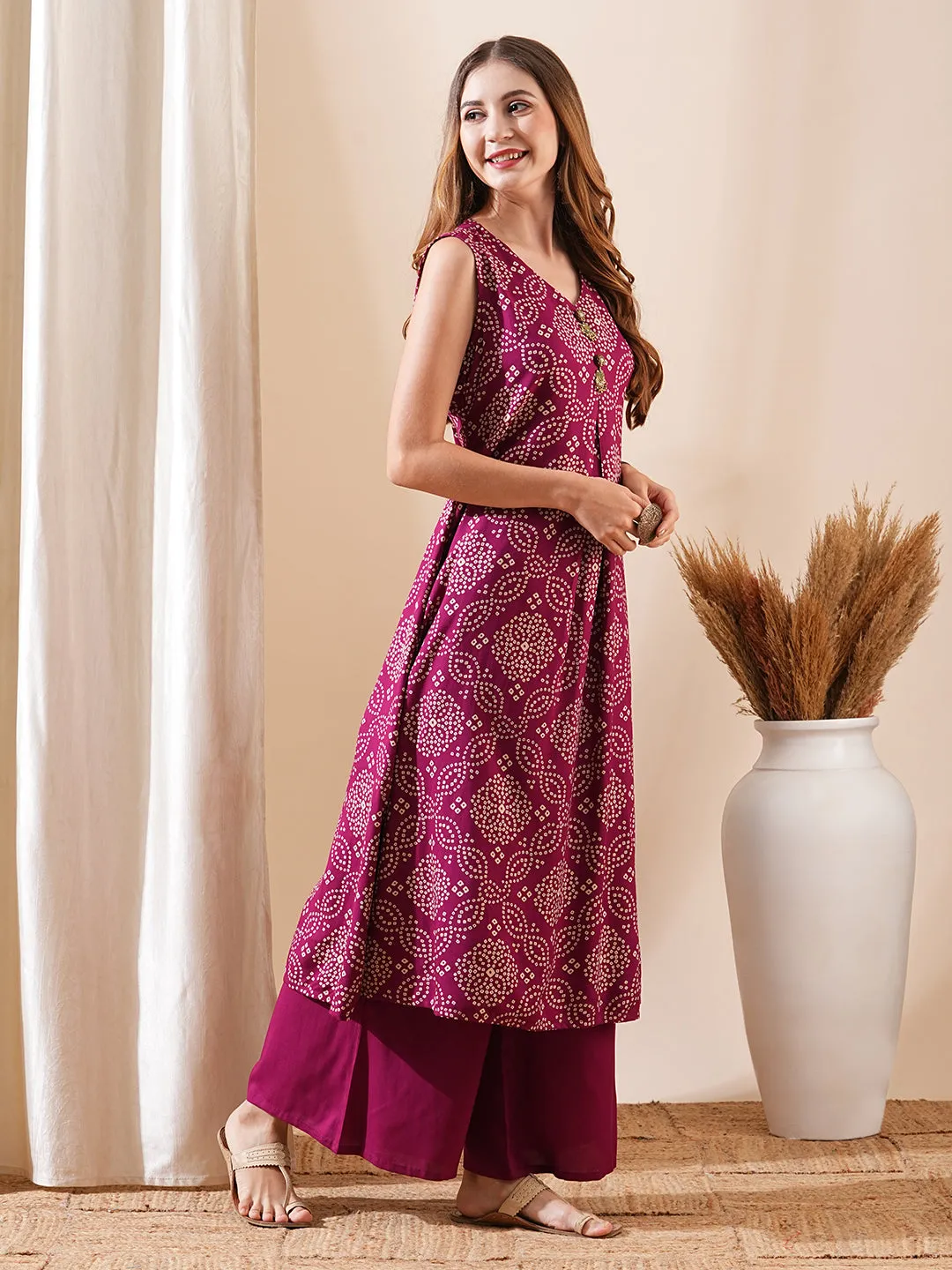 Bandhani Printed A-Line Flared Kurta with Palazzo - Burgundy