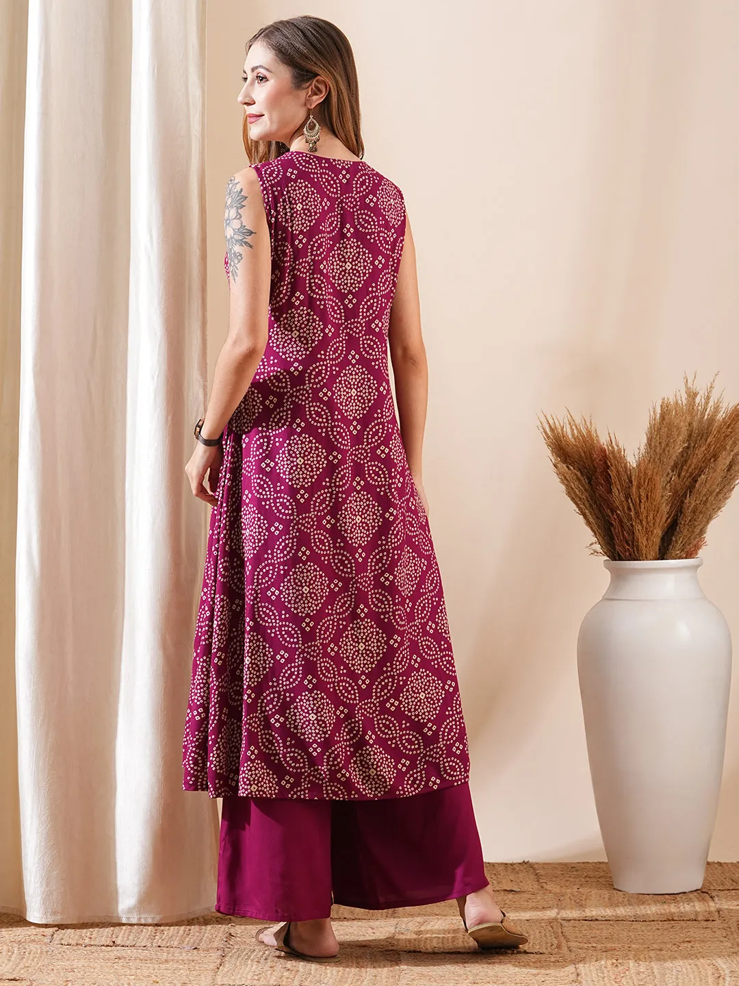 Bandhani Printed A-Line Flared Kurta with Palazzo - Burgundy