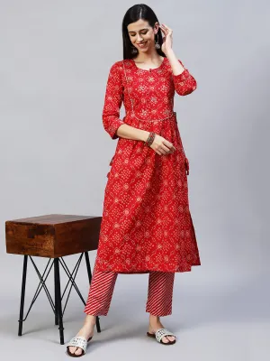 Bandhani Printed & Embroidered A-Line Kurta with Pants – Red