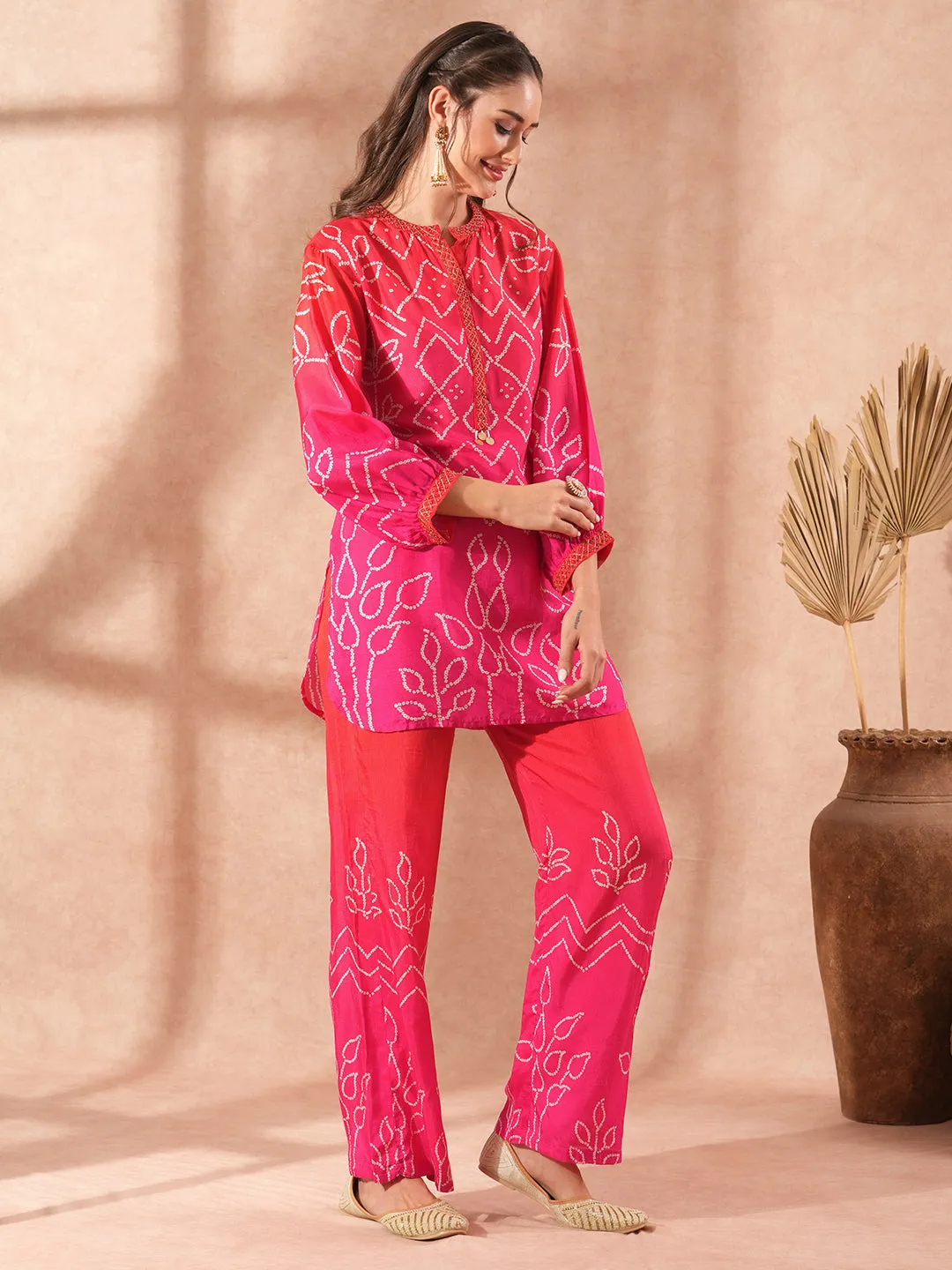 Optimized Title: Pink Bandhani Print & Ombre Embroidery Straight Fit Co-ord Set