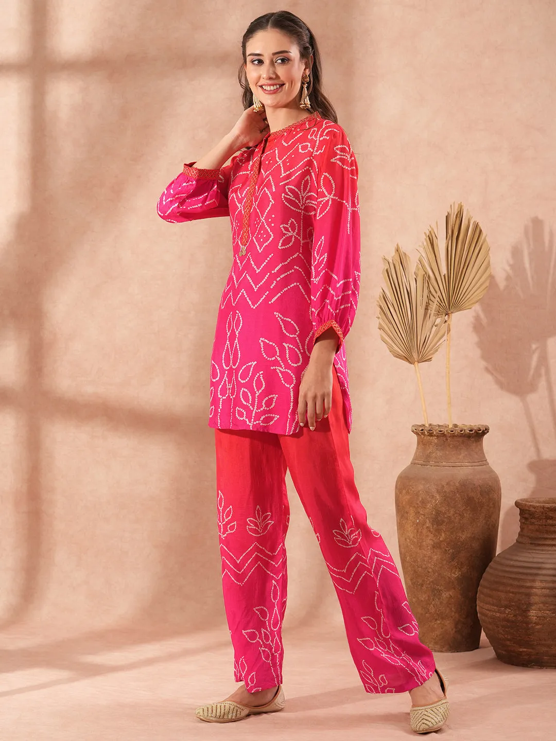 Optimized Title: Pink Bandhani Print & Ombre Embroidery Straight Fit Co-ord Set