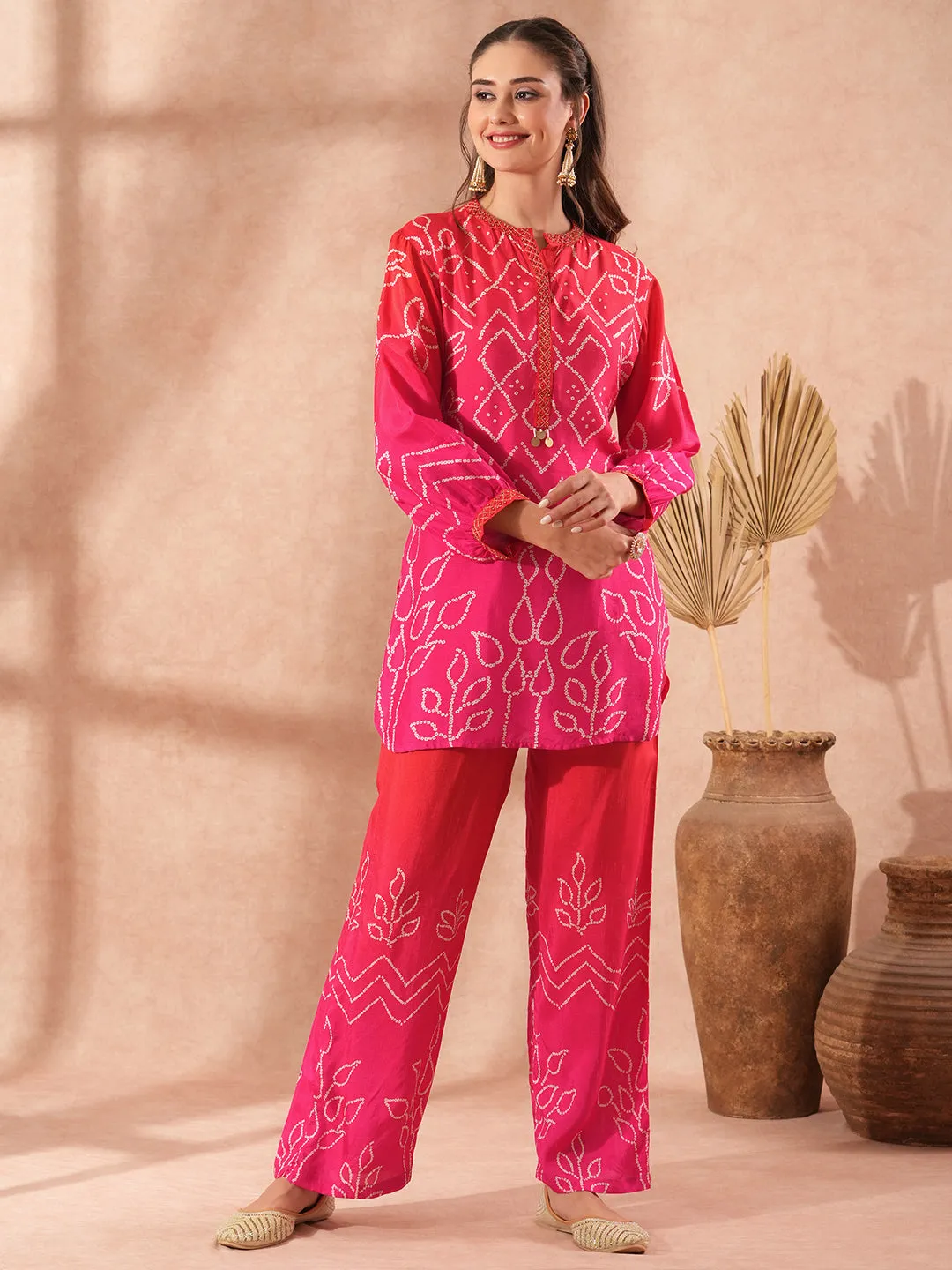 Optimized Title: Pink Bandhani Print & Ombre Embroidery Straight Fit Co-ord Set