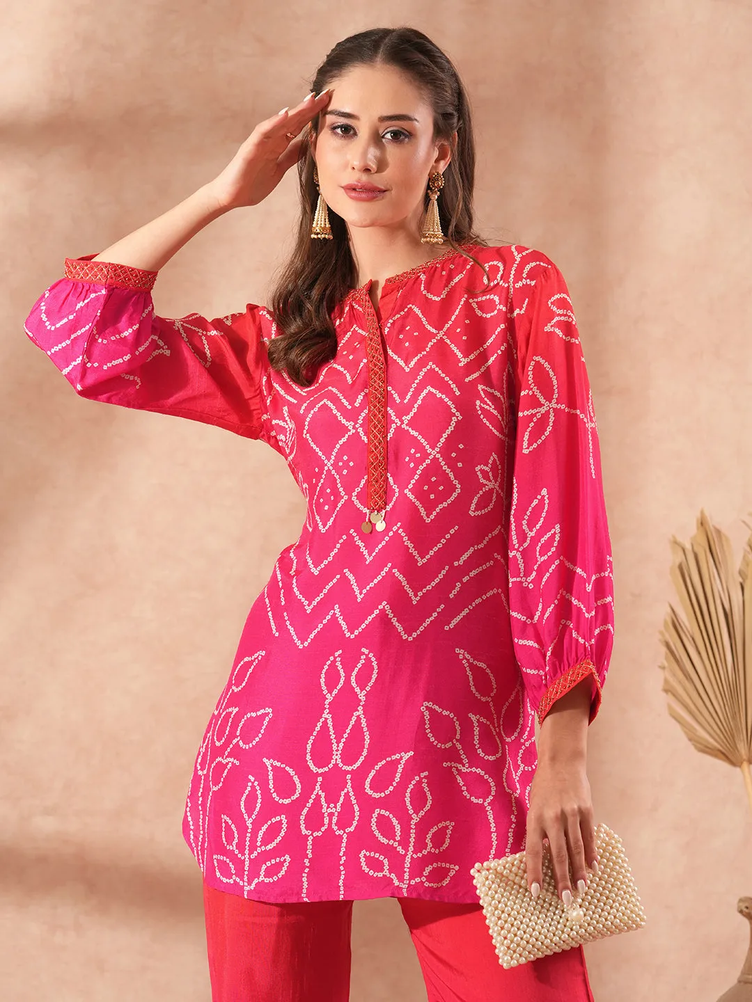 Optimized Title: Pink Bandhani Print & Ombre Embroidery Straight Fit Co-ord Set