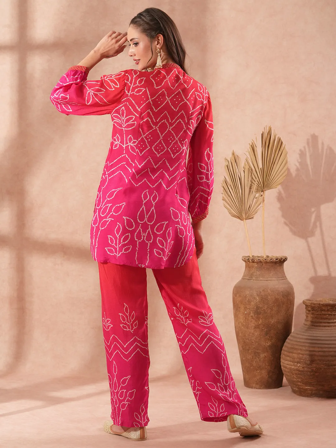 Optimized Title: Pink Bandhani Print & Ombre Embroidery Straight Fit Co-ord Set