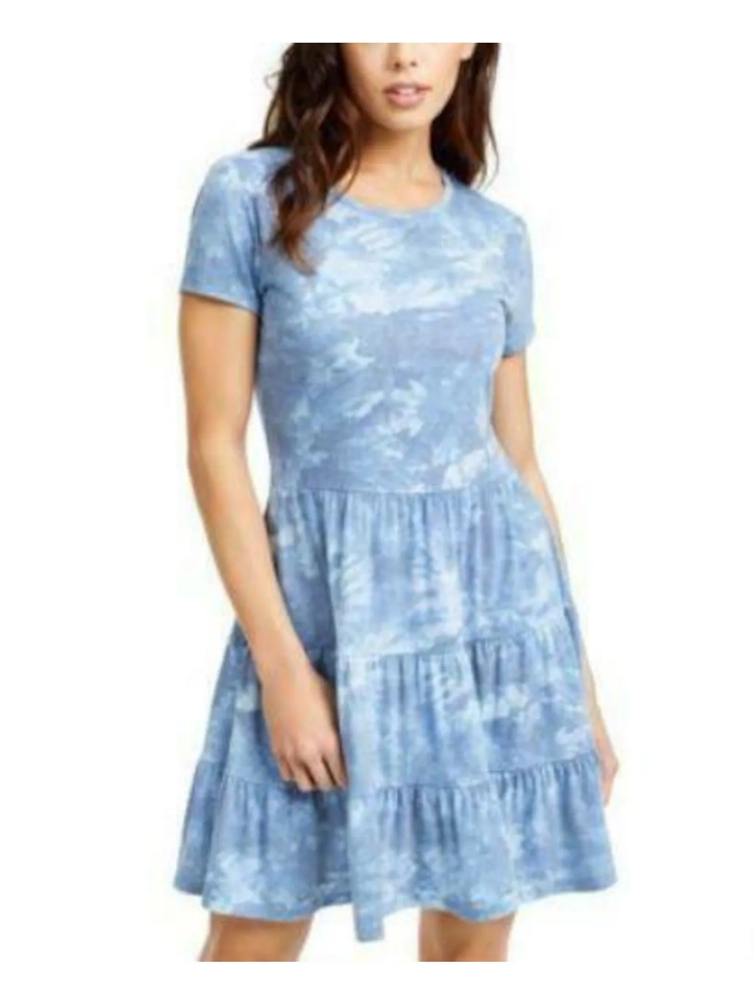 BEBOP Womens Light Blue Tie Dye Crew Neck Mini Fit   Flare Dress