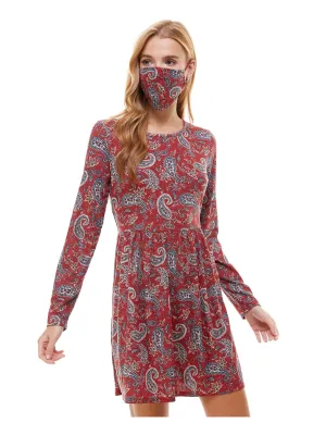 BEBOP Womens Red Glitter W/ Mask Paisley Long Sleeve Crew Neck Short Fit   Flare Dress