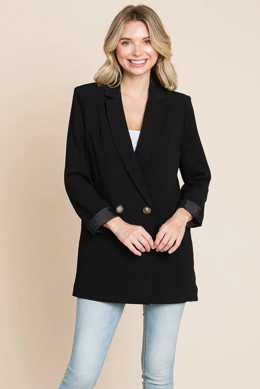 Black Long Double Breasted Lapel Collar Blazers