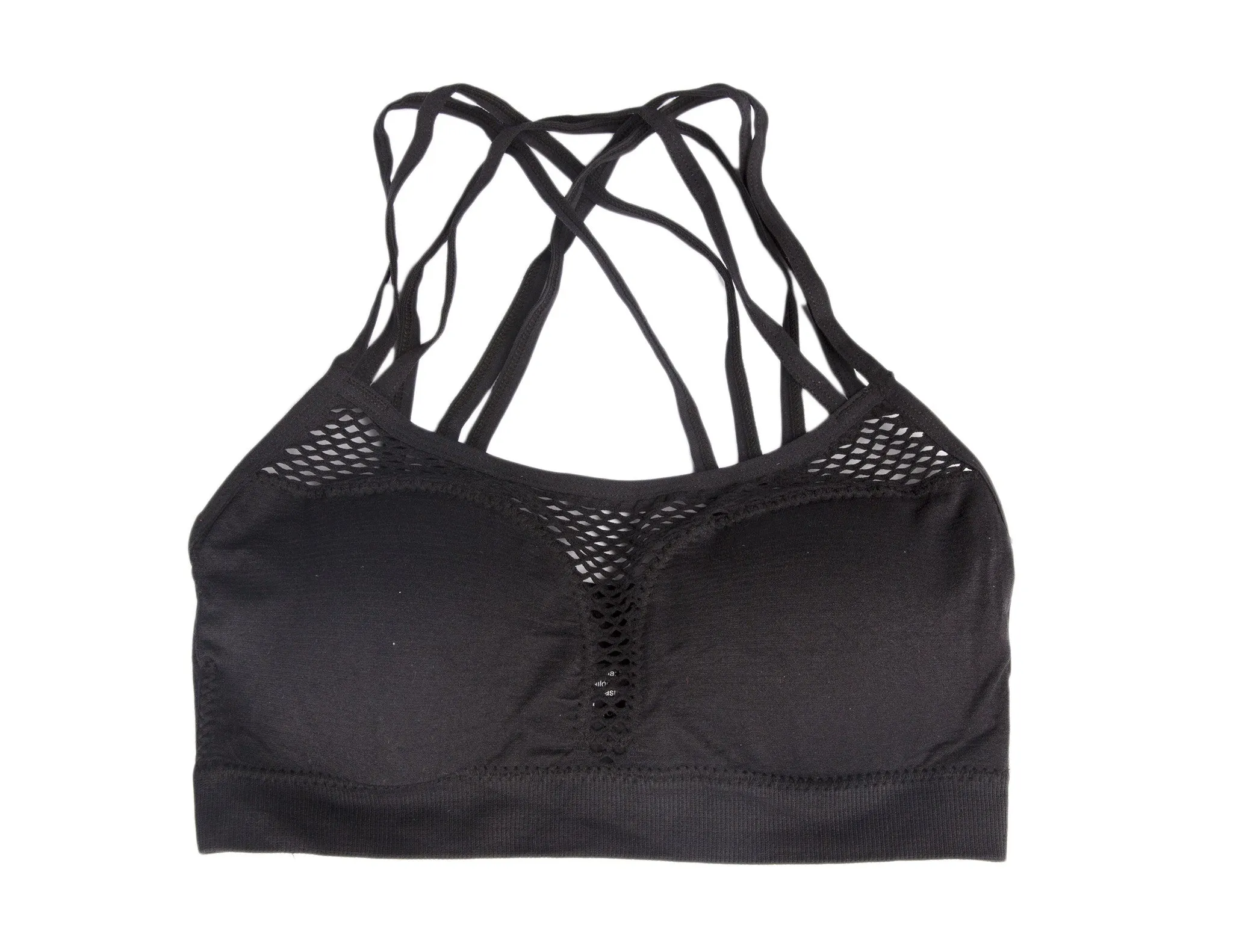 Black Seamless Strappy Mesh Criss-Cross Back Sports Bra