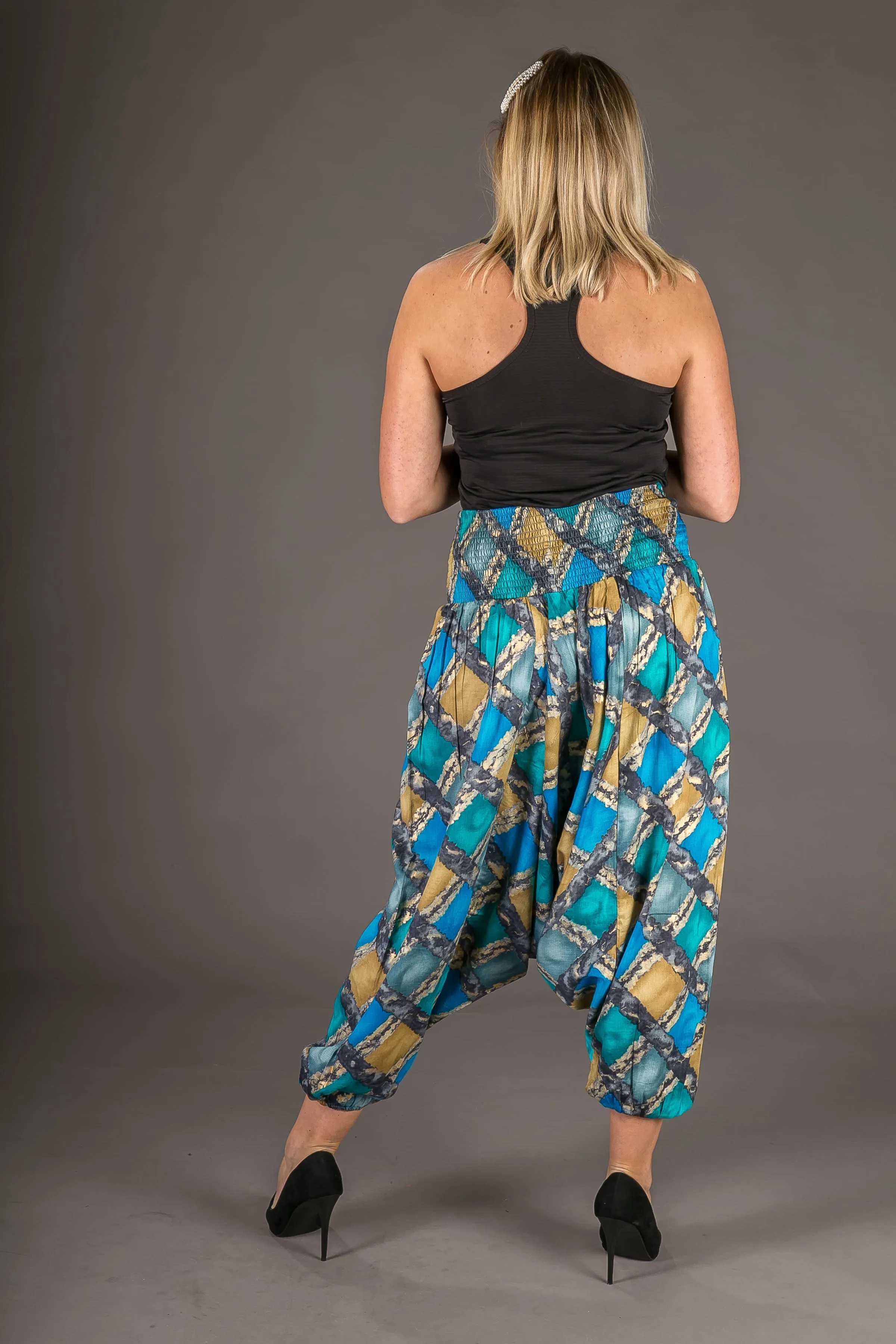 Blue Gold Print Cotton Harem Yoga Jumpsuit Pants