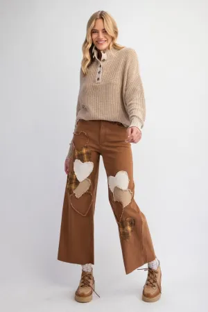 Brown Heart Patch Stretch Twill Pants