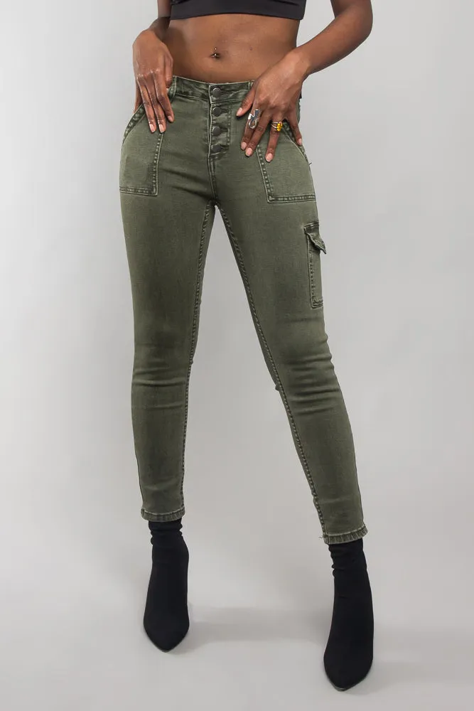 Buttoned Skinny Cargo Pants