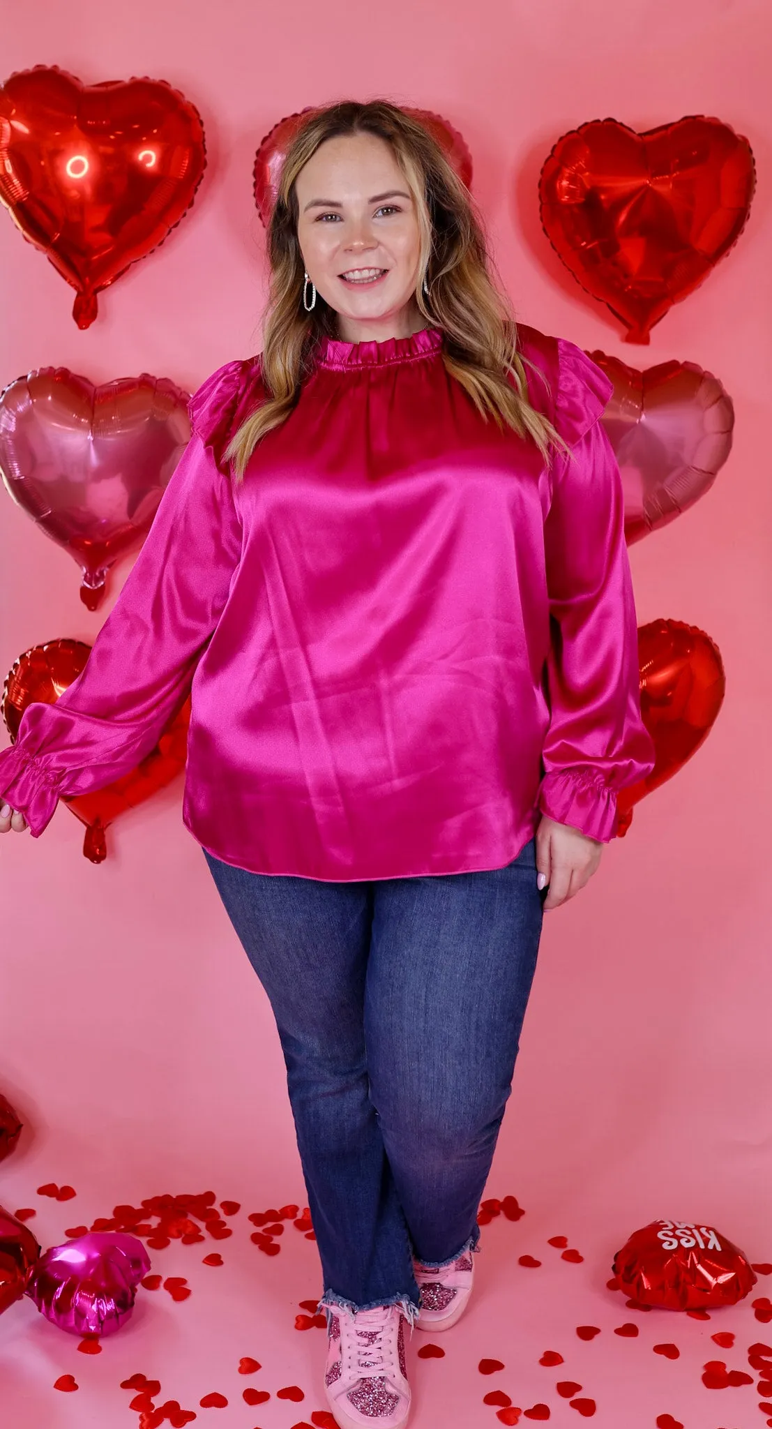 Can't Stop Me Ruffle Mock Neck Long Sleeve Satin Top in Fuchsia Pink