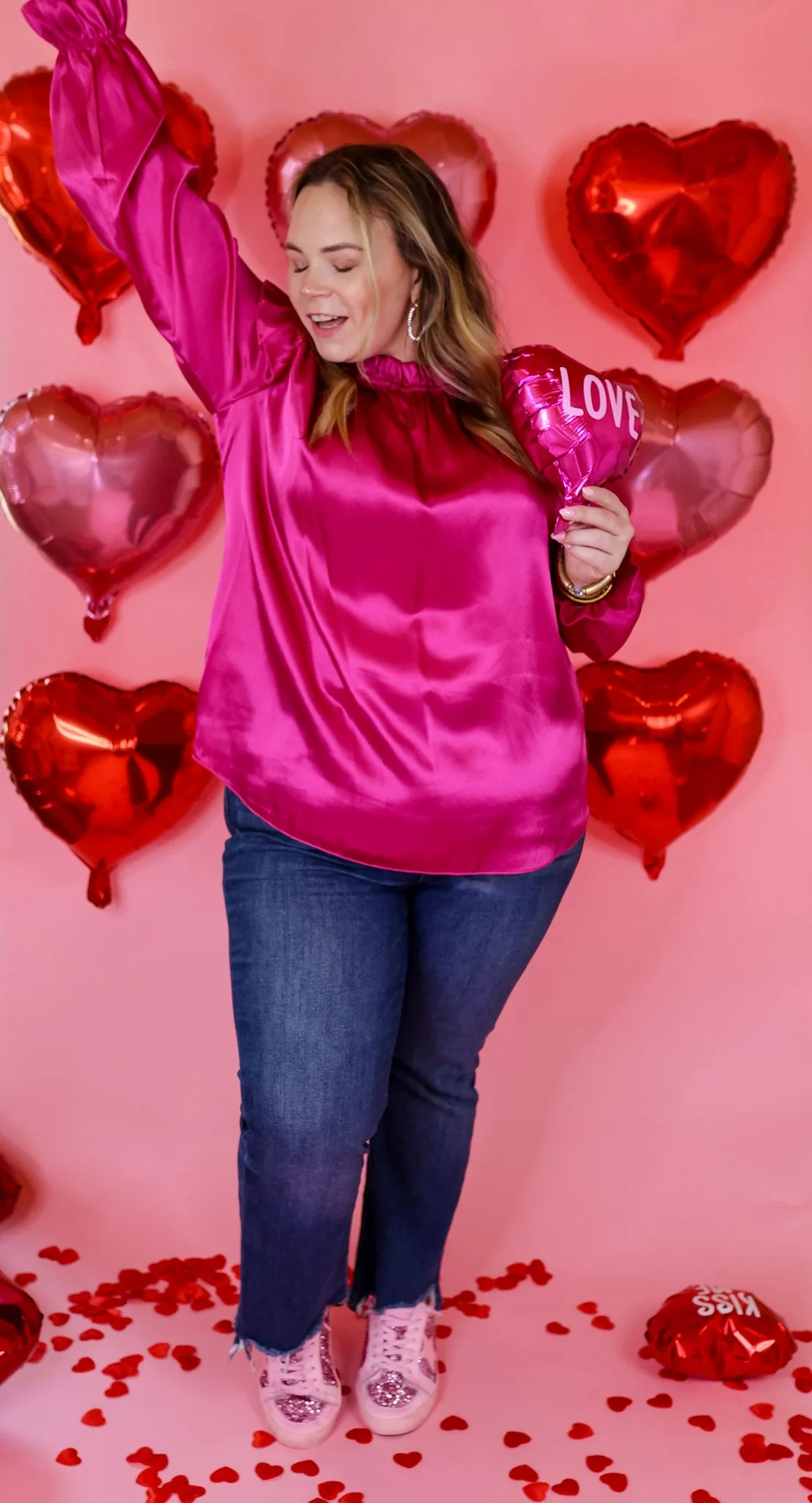 Can't Stop Me Ruffle Mock Neck Long Sleeve Satin Top in Fuchsia Pink