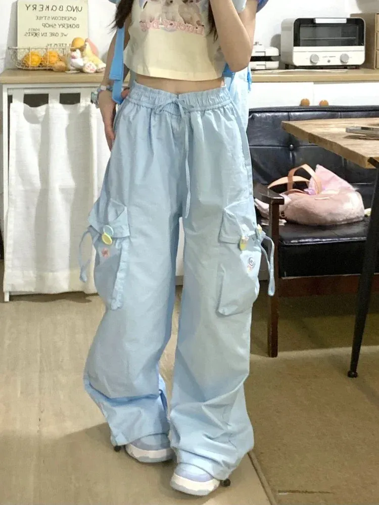 Cargo Pants Women Blue Y2K Loose Pocket Embroidery Wide Leg Sport Pants