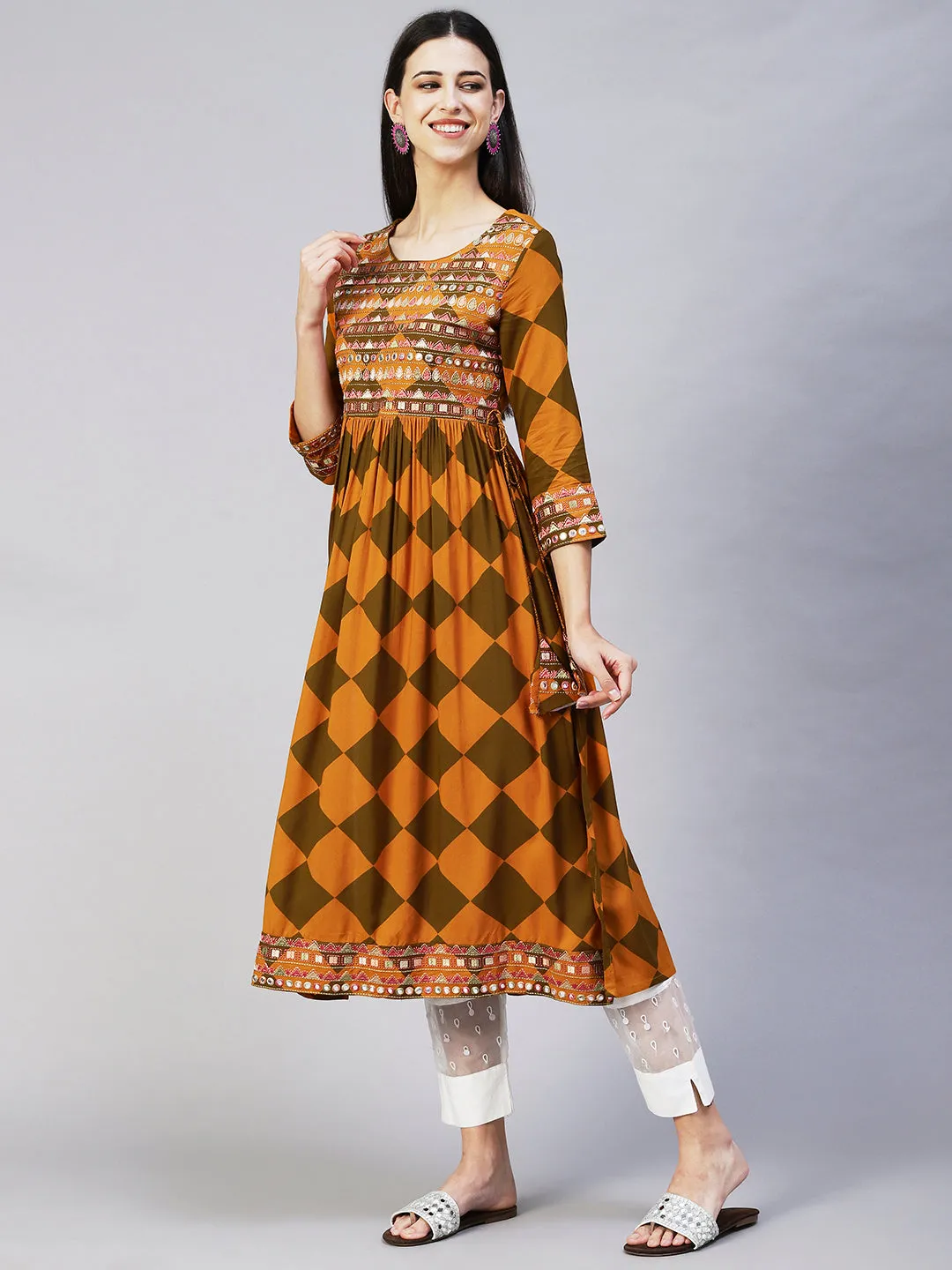 Checks Printed & Embroidered A-Line Kurta - Mustard