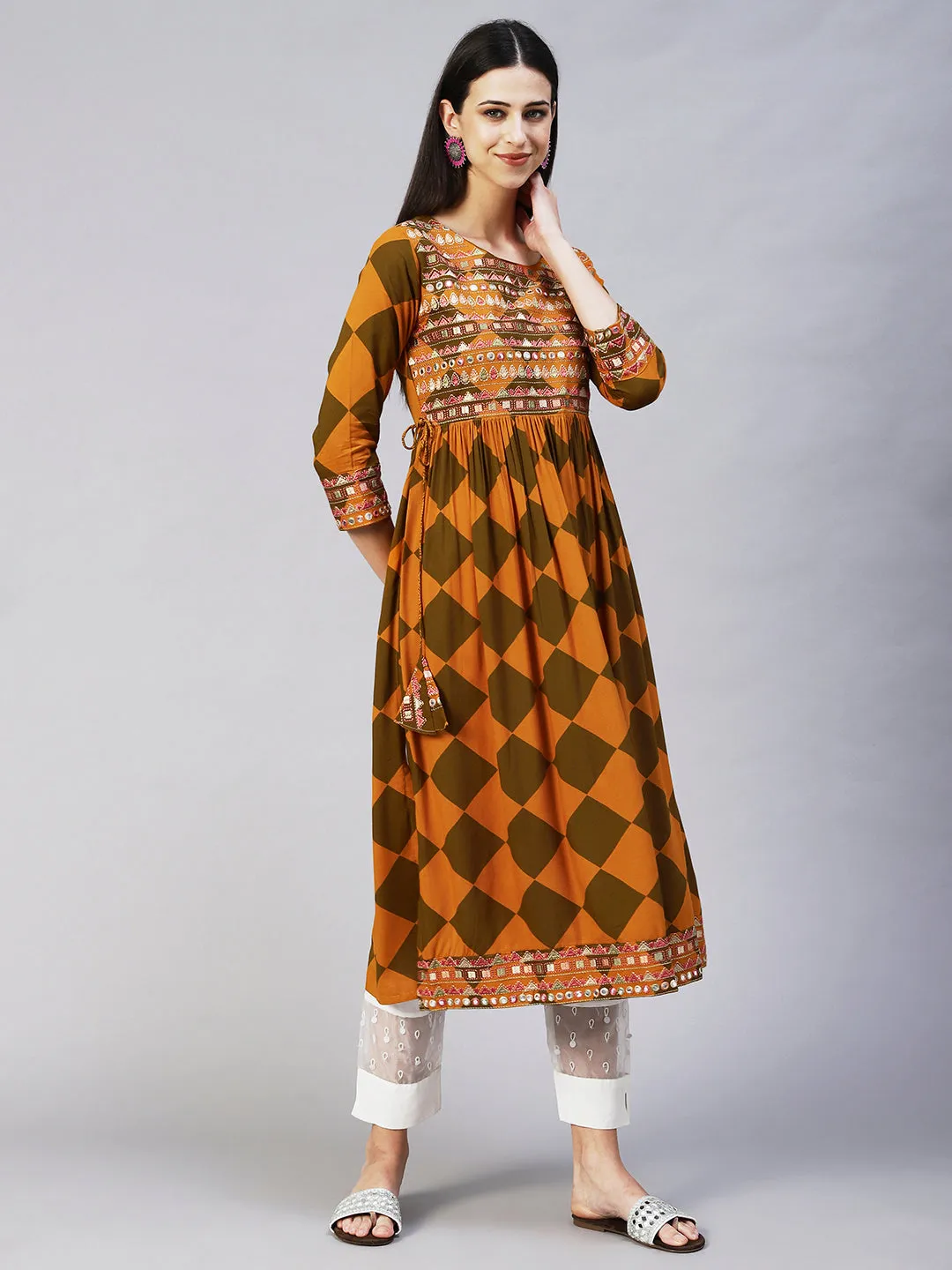 Checks Printed & Embroidered A-Line Kurta - Mustard